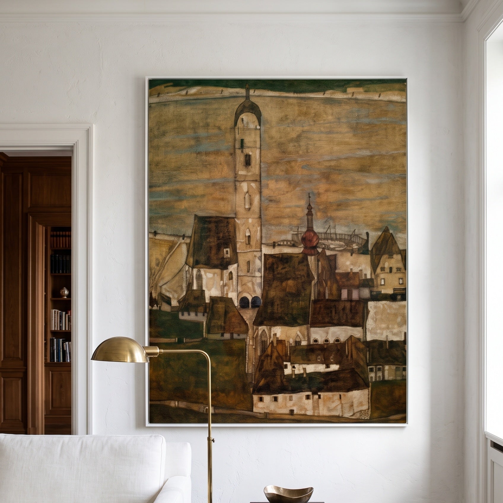 Stein on the Danube II by Egon Schiele — large brown and olive Expressionist Abstract canvas art on a hallway wall