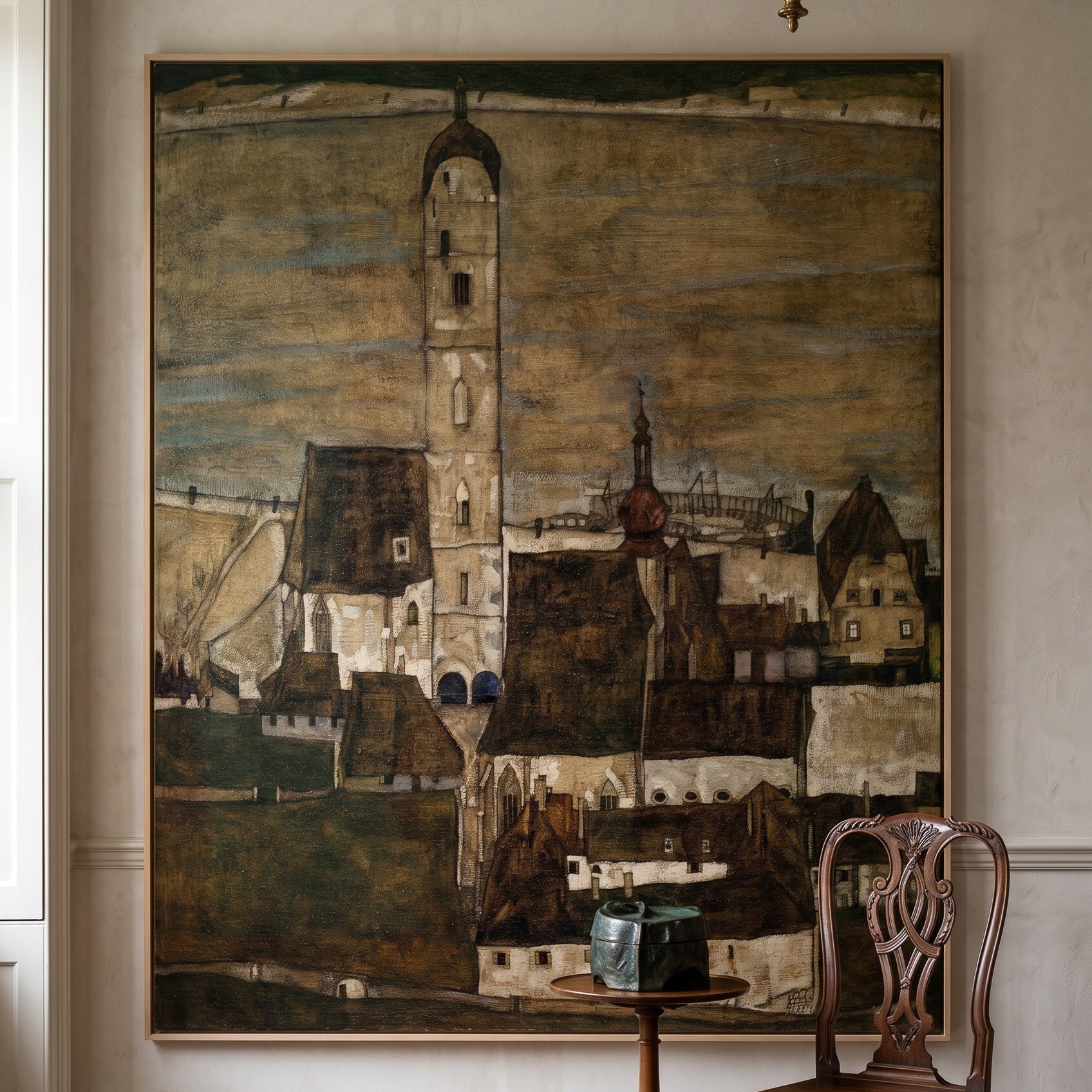 Stein on the Danube II by Egon Schiele — large brown and olive Expressionist Abstract canvas art displayed on a wall