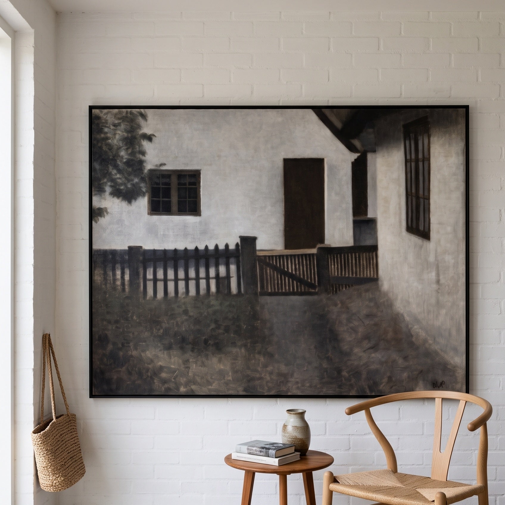 Husgavle. Frederiksværk. Sommer. by Vilhelm Hammershoi — large brown and olive Symbolist canvas art on a living room wall