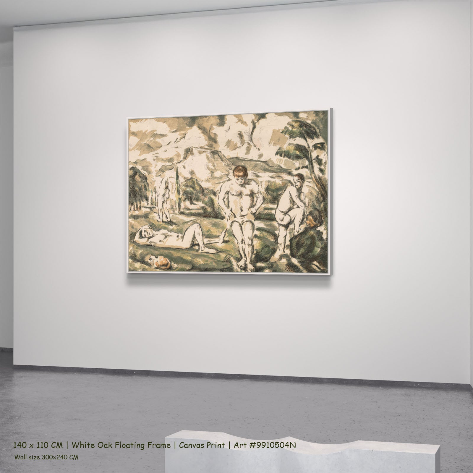 The Bathers by Paul Cezanne in a white oak floating frame, large olive and green Impressionist canvas