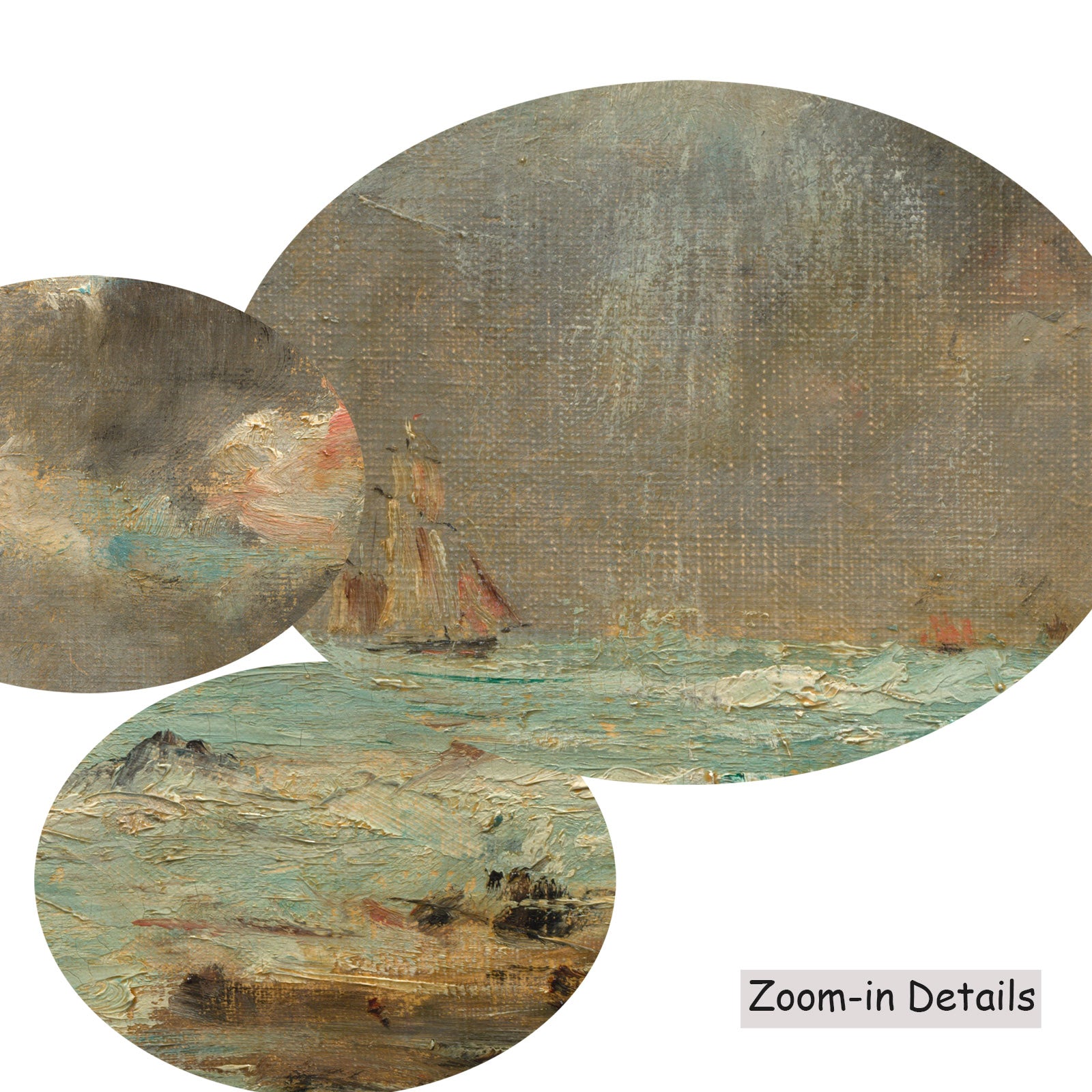 Close-up detail of the brushwork on The Coast at Trouville, a large aqua and grey Impressionist canvas by Eugene Boudin