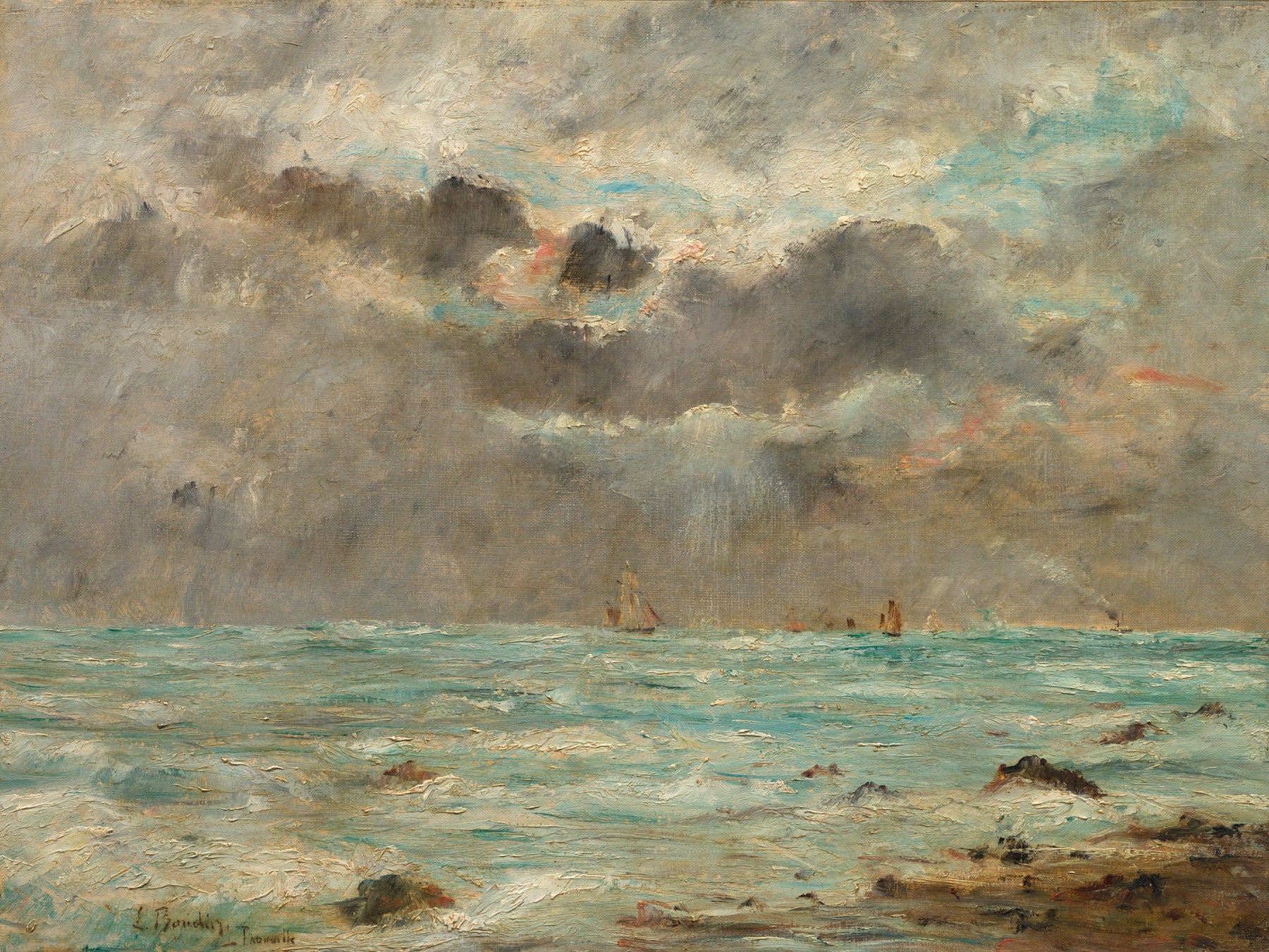 Large aqua and grey Impressionist canvas print of The Coast at Trouville by Eugene Boudin