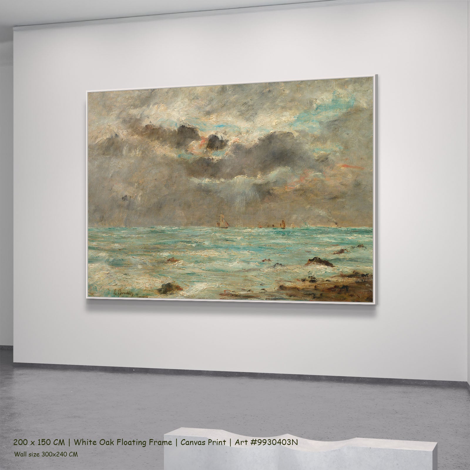 The Coast at Trouville by Eugene Boudin in a white oak floating frame, large aqua and grey Impressionist canvas