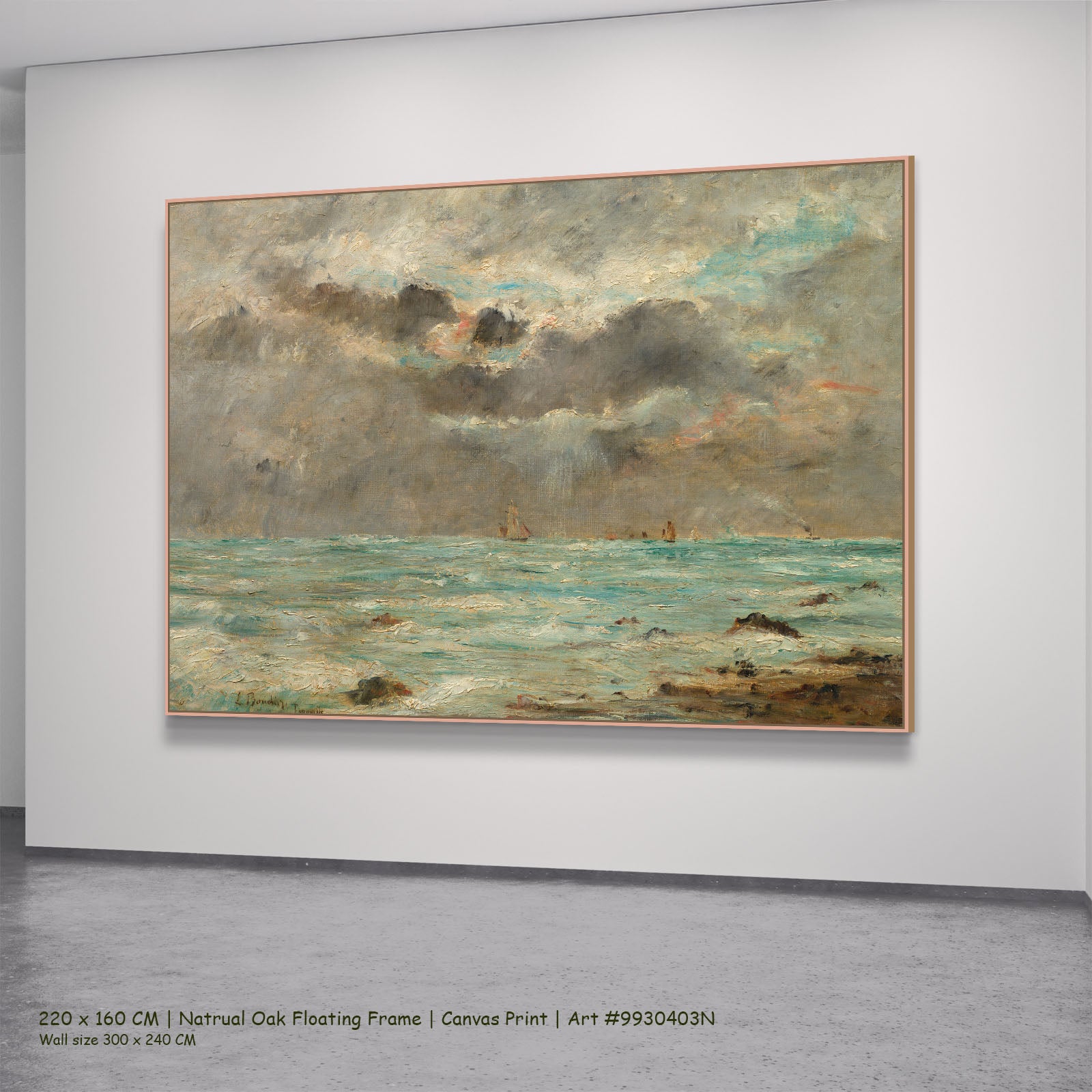 The Coast at Trouville by Eugene Boudin in a natural oak floating frame, large aqua and grey Impressionist canvas