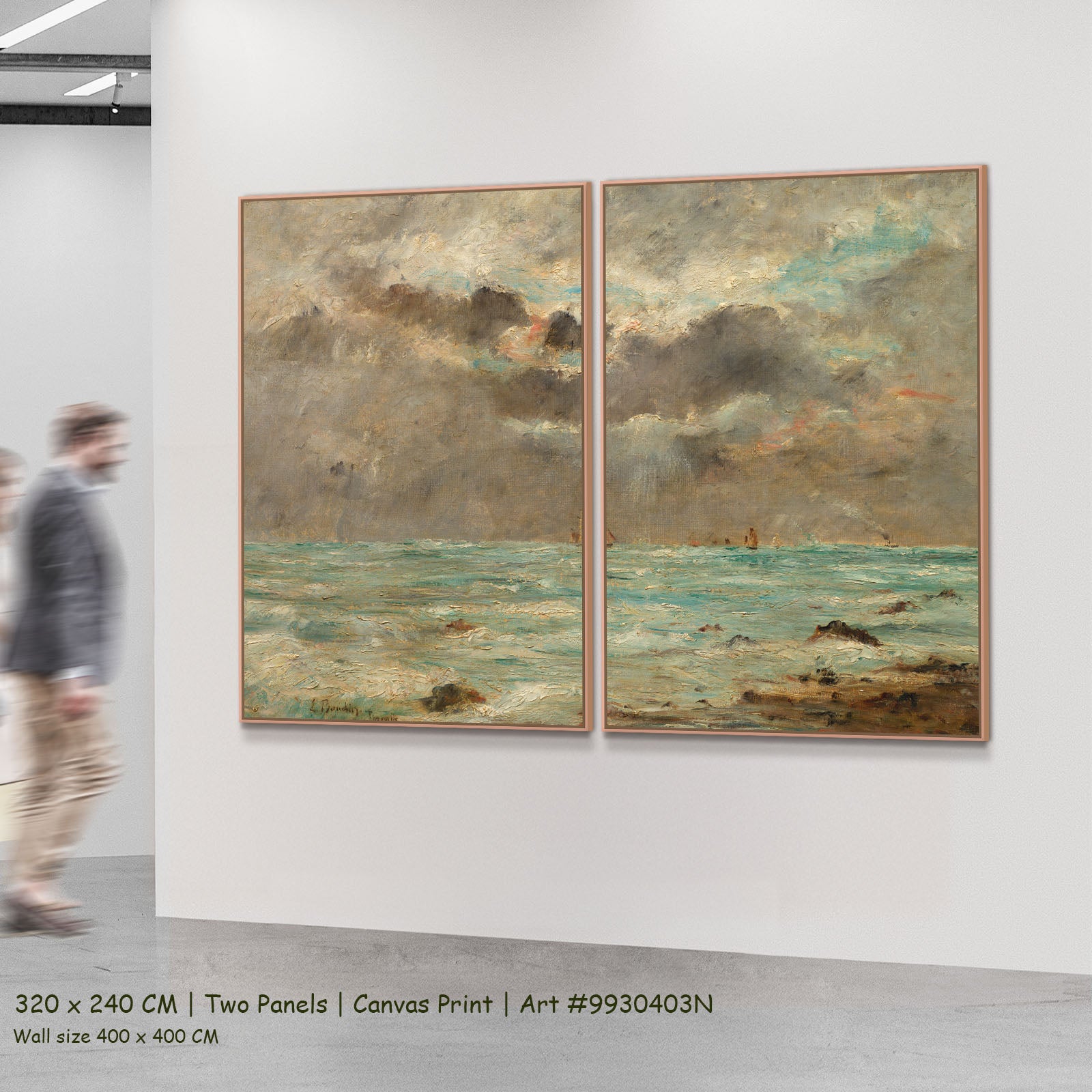 The Coast at Trouville by Eugene Boudin as a large two-panel aqua and grey Impressionist canvas set