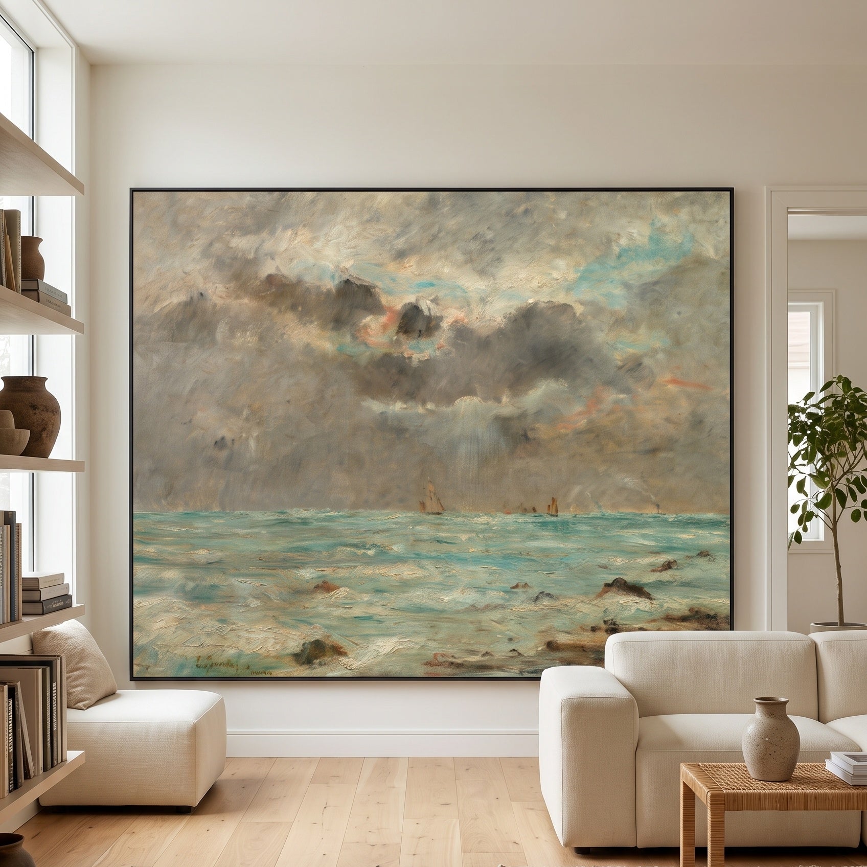The Coast at Trouville by Eugene Boudin — large aqua and grey Impressionist canvas art displayed on a wall