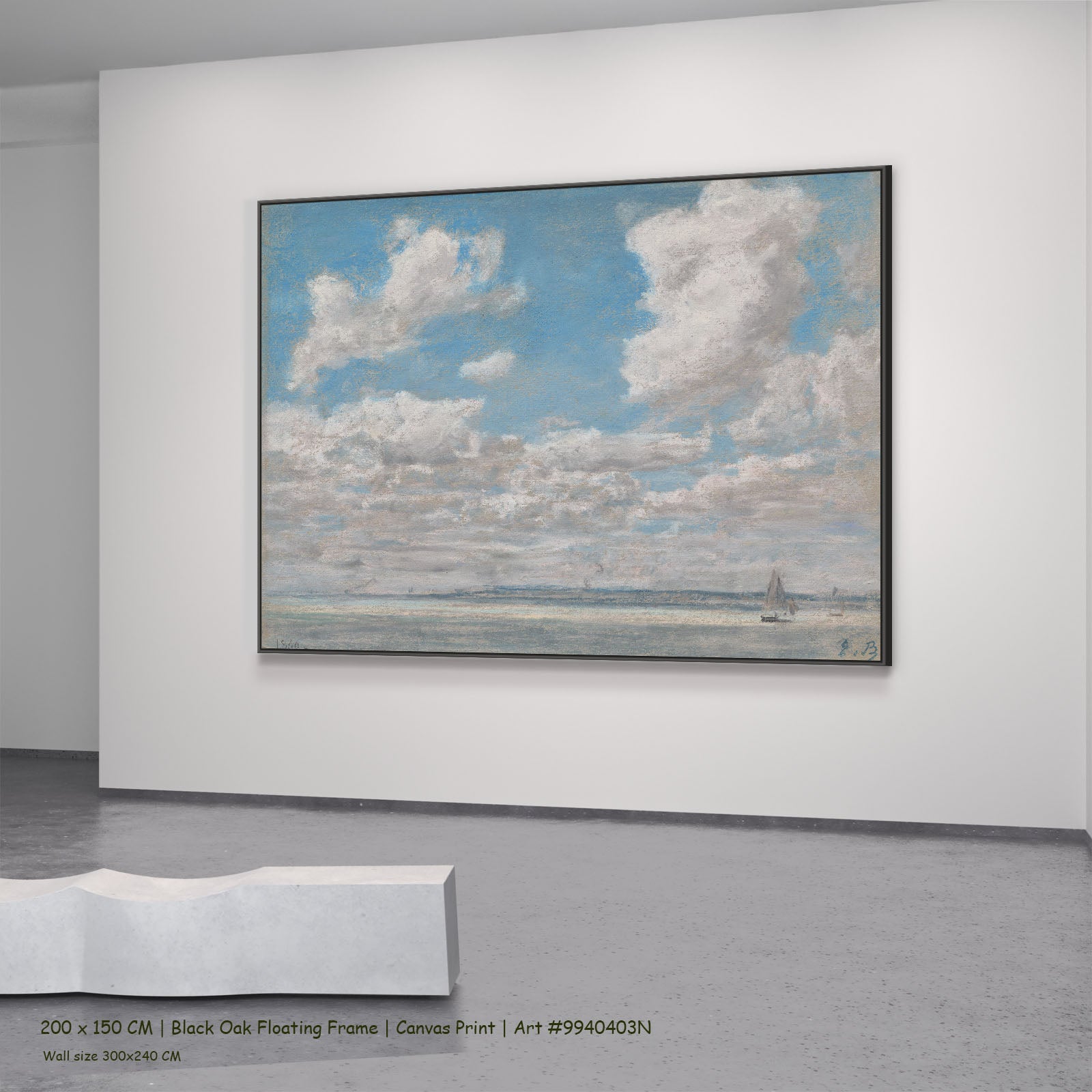Seascape with Open Sky by Eugene Boudin in a black oak floating frame, large light blue and white Impressionist canvas