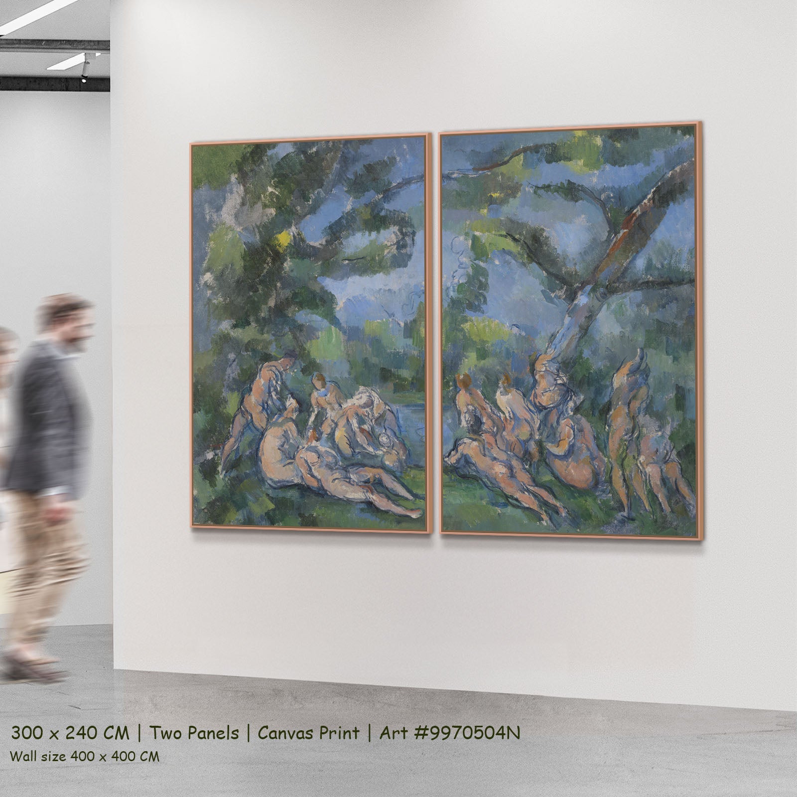 The Bathers by Paul Cezanne as a large two-panel blue and green Impressionist canvas set