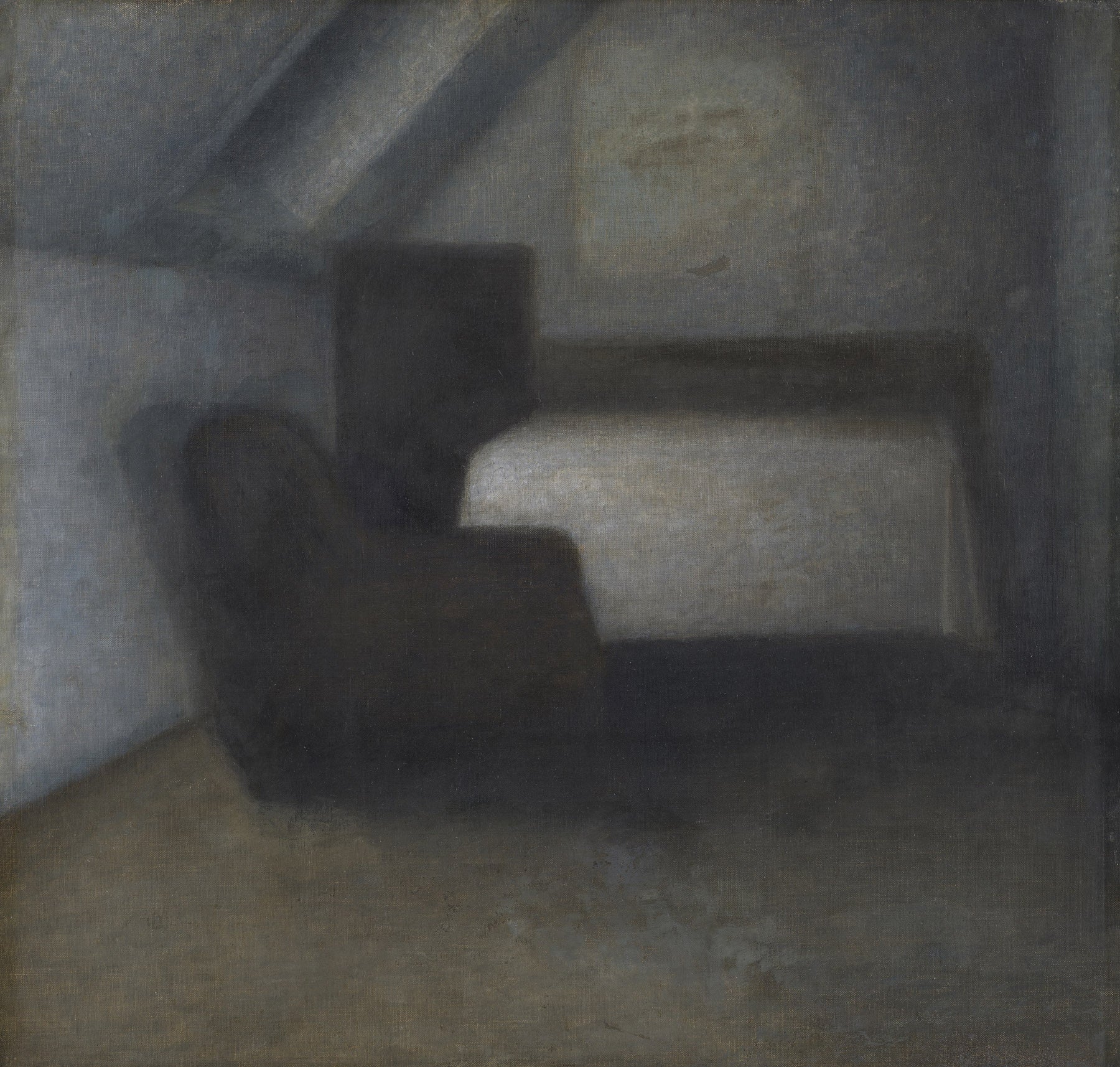 Large brown and grey Symbolist canvas print of Attic Room with a Table and by Vilhelm Hammershoi