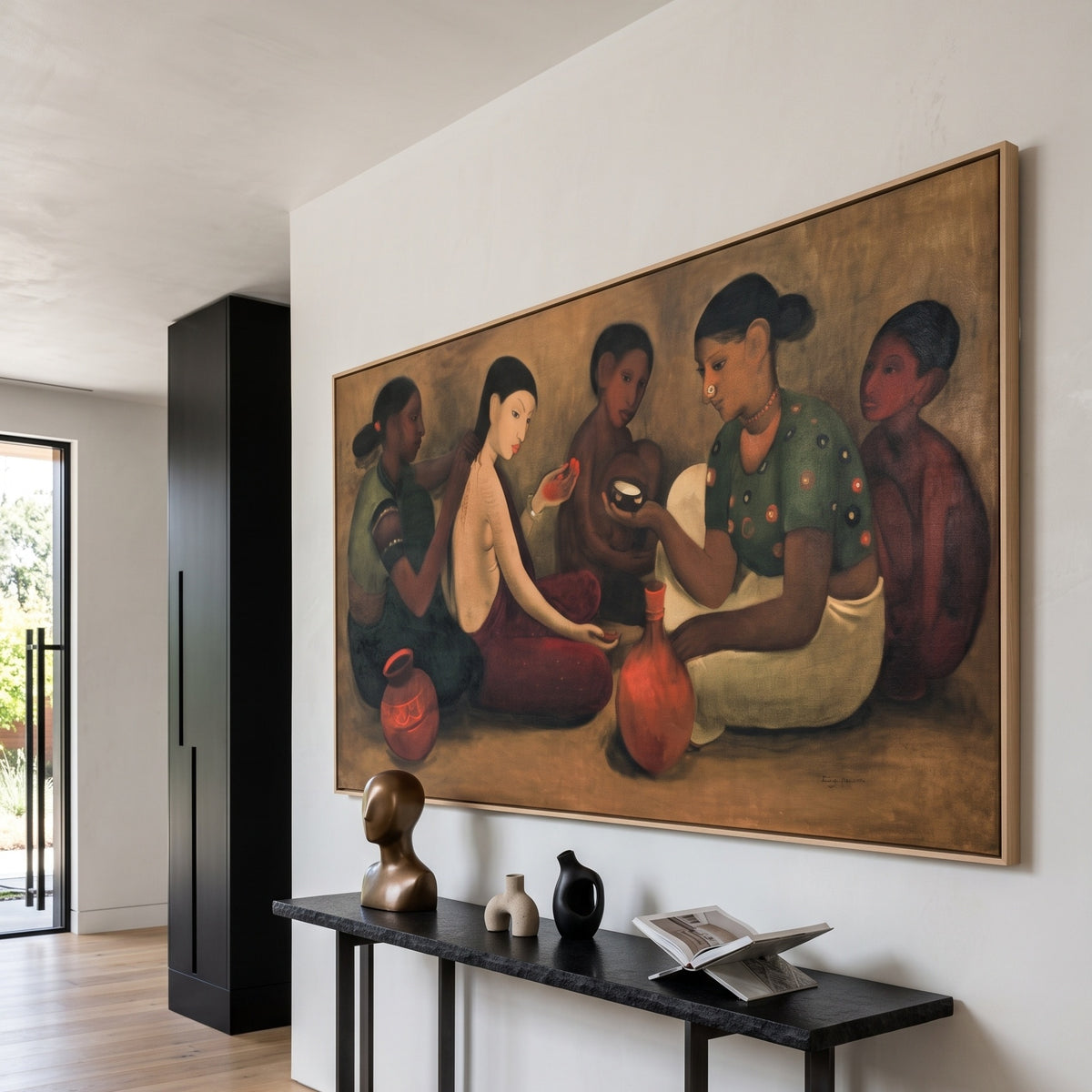 Bride's Toilet by Amrita Sher-Gil — large brown and red Modernist canvas art on a hallway wall