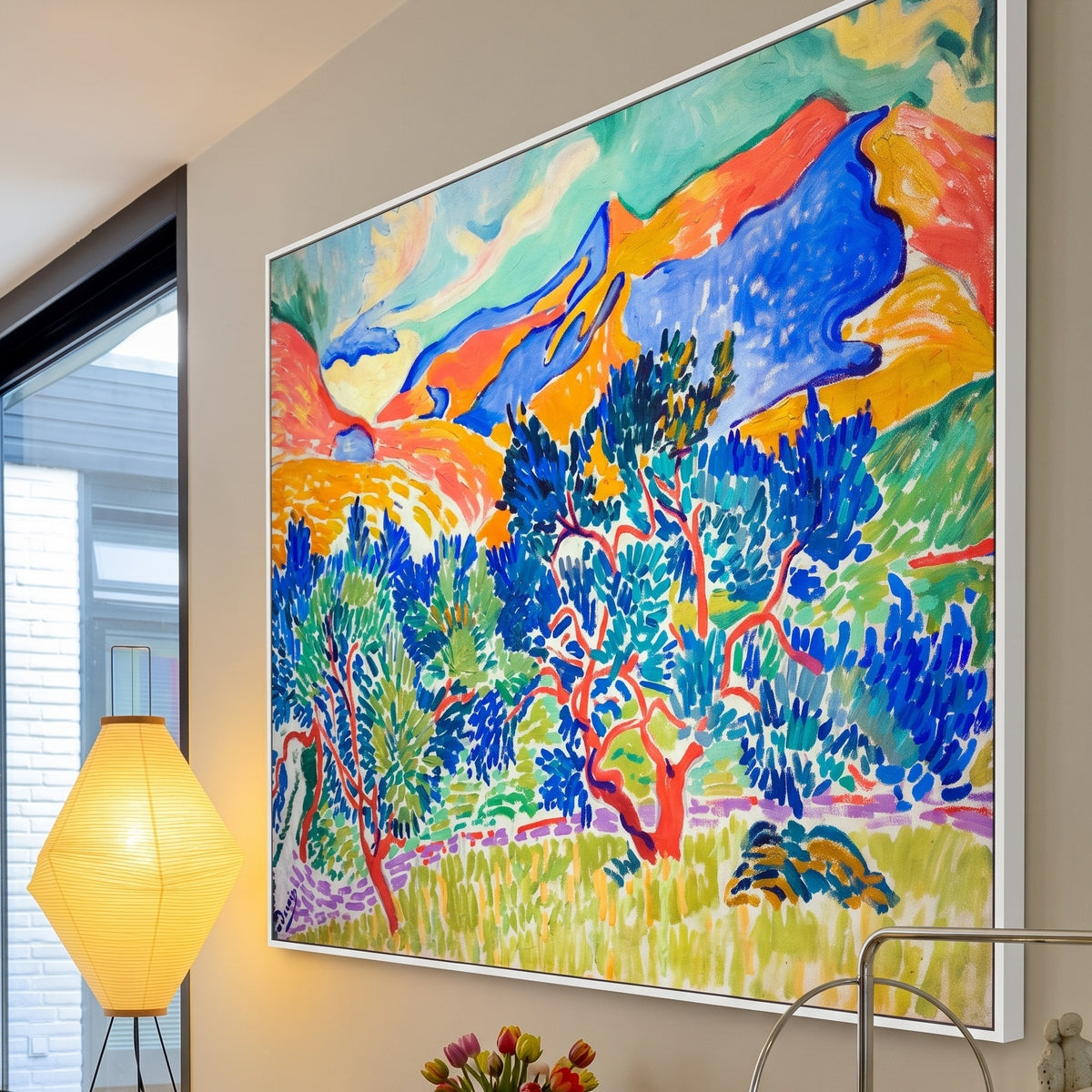 Mountains at Collioure by André Derain — large blue and orange Fauvist canvas art on a living room wall