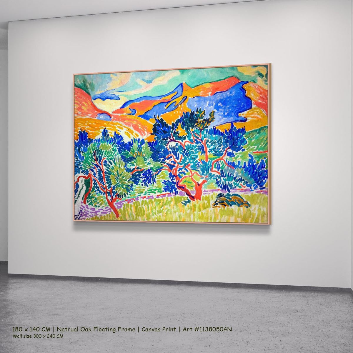 Mountains at Collioure by André Derain in a natural oak floating frame, large blue and orange Fauvist canvas