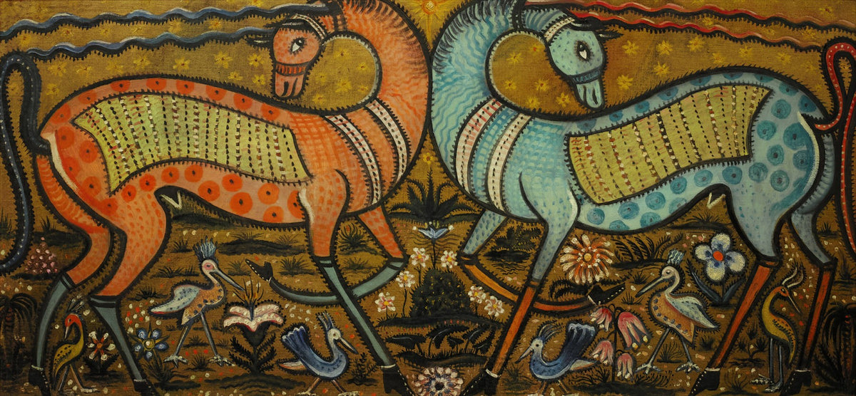 Large brown and orange Symbolist canvas print of Zwei Fabeltiere by Anita Rée