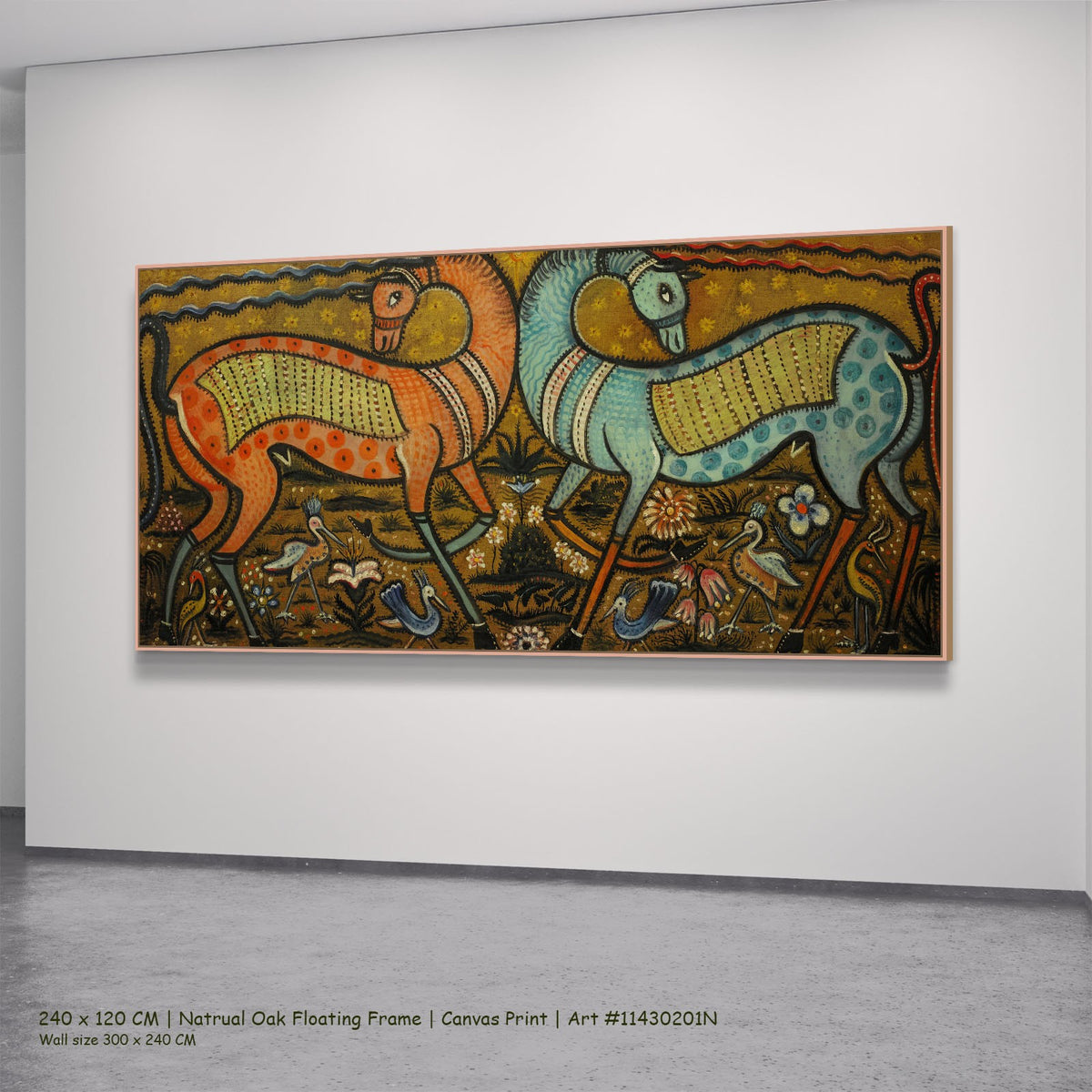 Zwei Fabeltiere by Anita Rée in a natural oak floating frame, large brown and orange Symbolist canvas