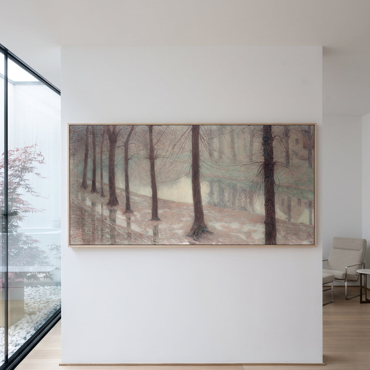 The Coupure in Ghent by Anna De Weert — large pink and brown Impressionist canvas art on a entryway wall