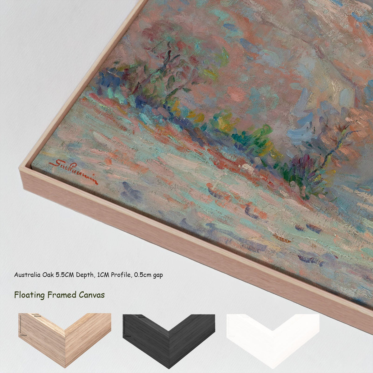 Gelée blanche au village de Crozant by Armand Guillaumin in a floating frame, large pink and blue Impressionist canvas print