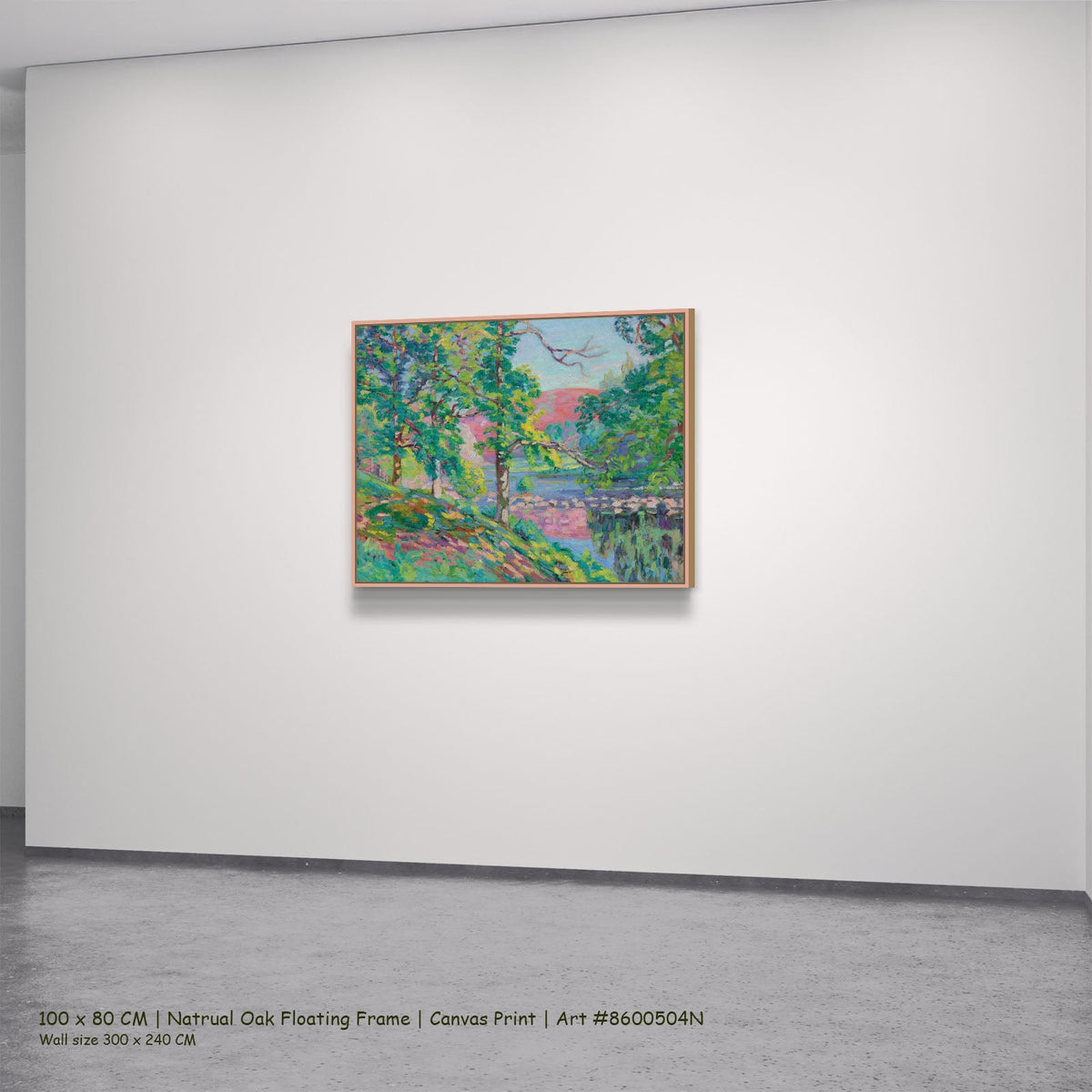 Les Bords de la Creuse by Armand Guillaumin in a natural oak floating frame, large green and pink Impressionist canvas