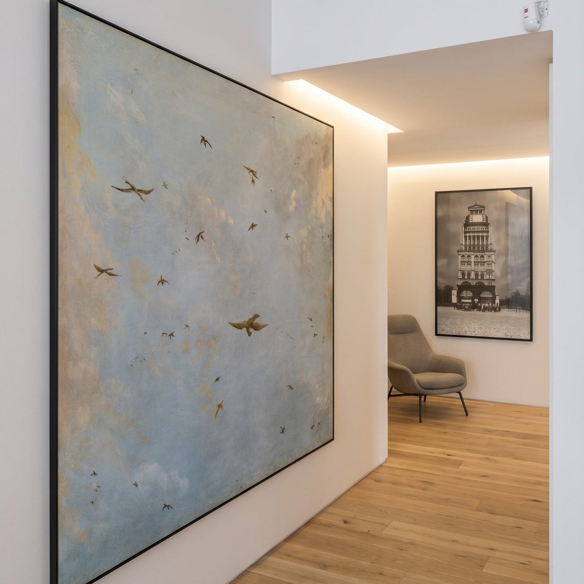 attr. Nicolaes Piemont | Large Square Light Blue Sky Canvas Wall Art | Cloudy Sky with Birds — room photo 2