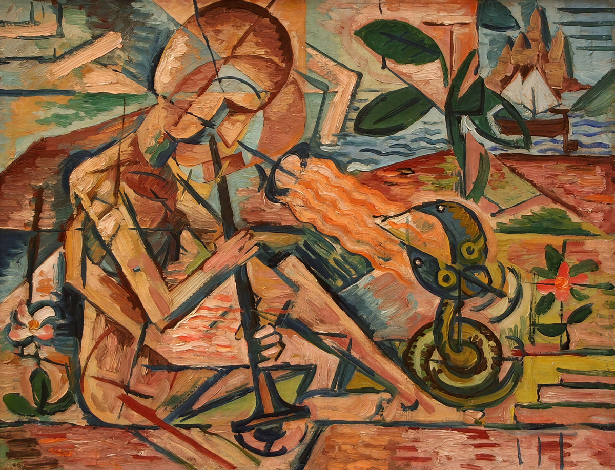 Large orange and green Expressionist Abstract canvas print of Fakir Taming Snakes by Bohumil Kubišta
