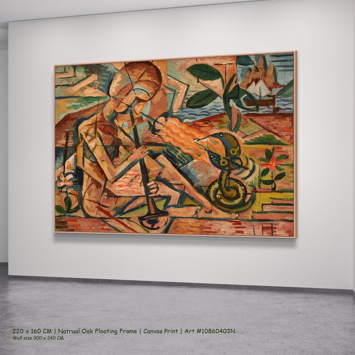 Fakir Taming Snakes by Bohumil Kubišta in a natural oak floating frame, large orange and green Expressionist Abstract canvas