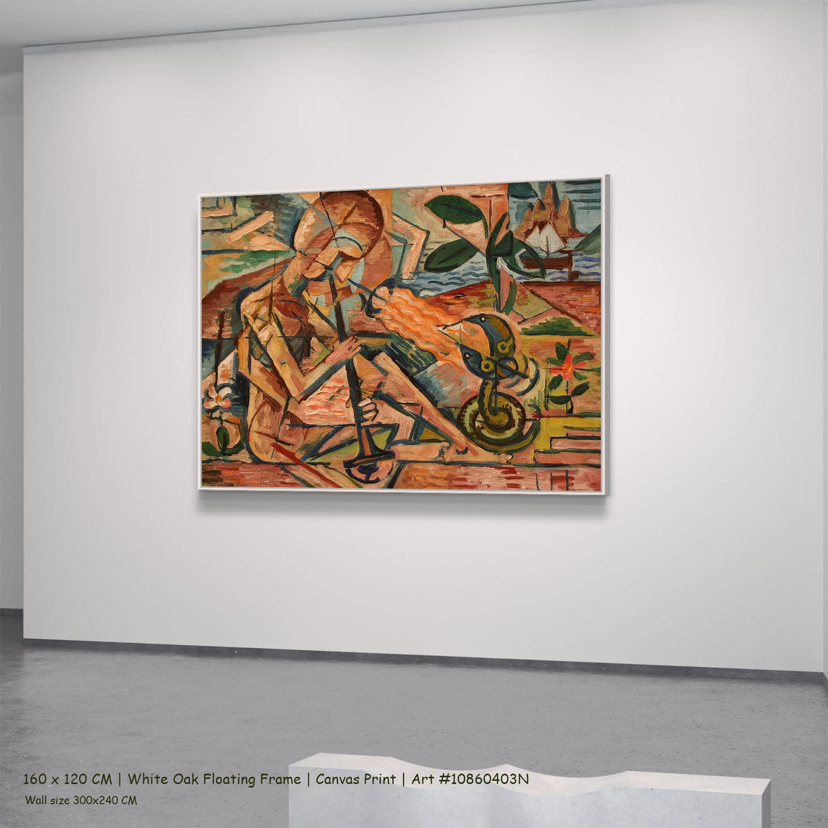Fakir Taming Snakes by Bohumil Kubišta in a white oak floating frame, large orange and green Expressionist Abstract canvas