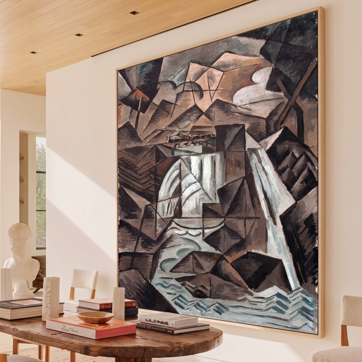 Waterfall in the Alps by Bohumil Kubišta — large brown and white Cubist canvas art displayed on a wall