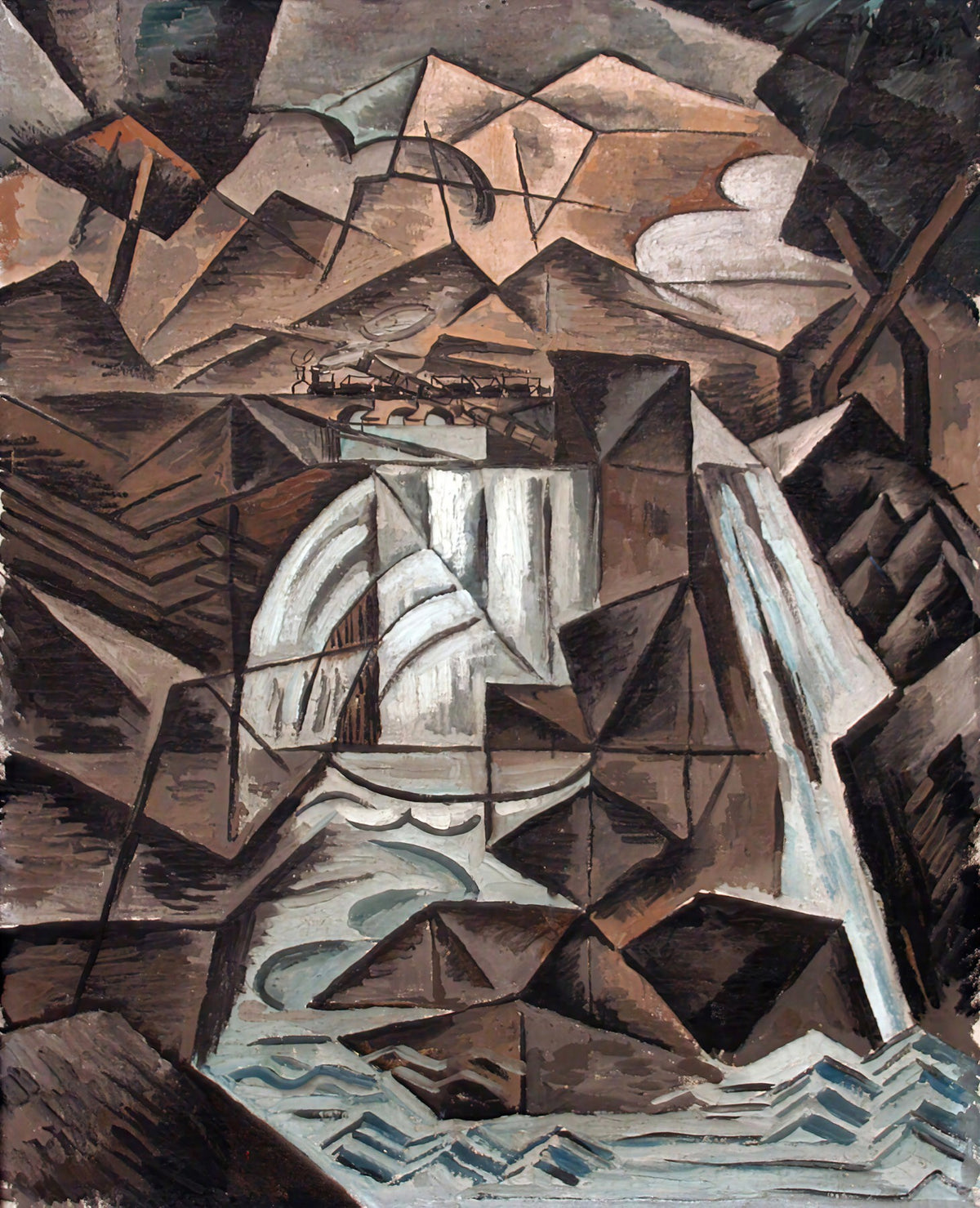 Large brown and white Cubist canvas print of Waterfall in the Alps by Bohumil Kubišta