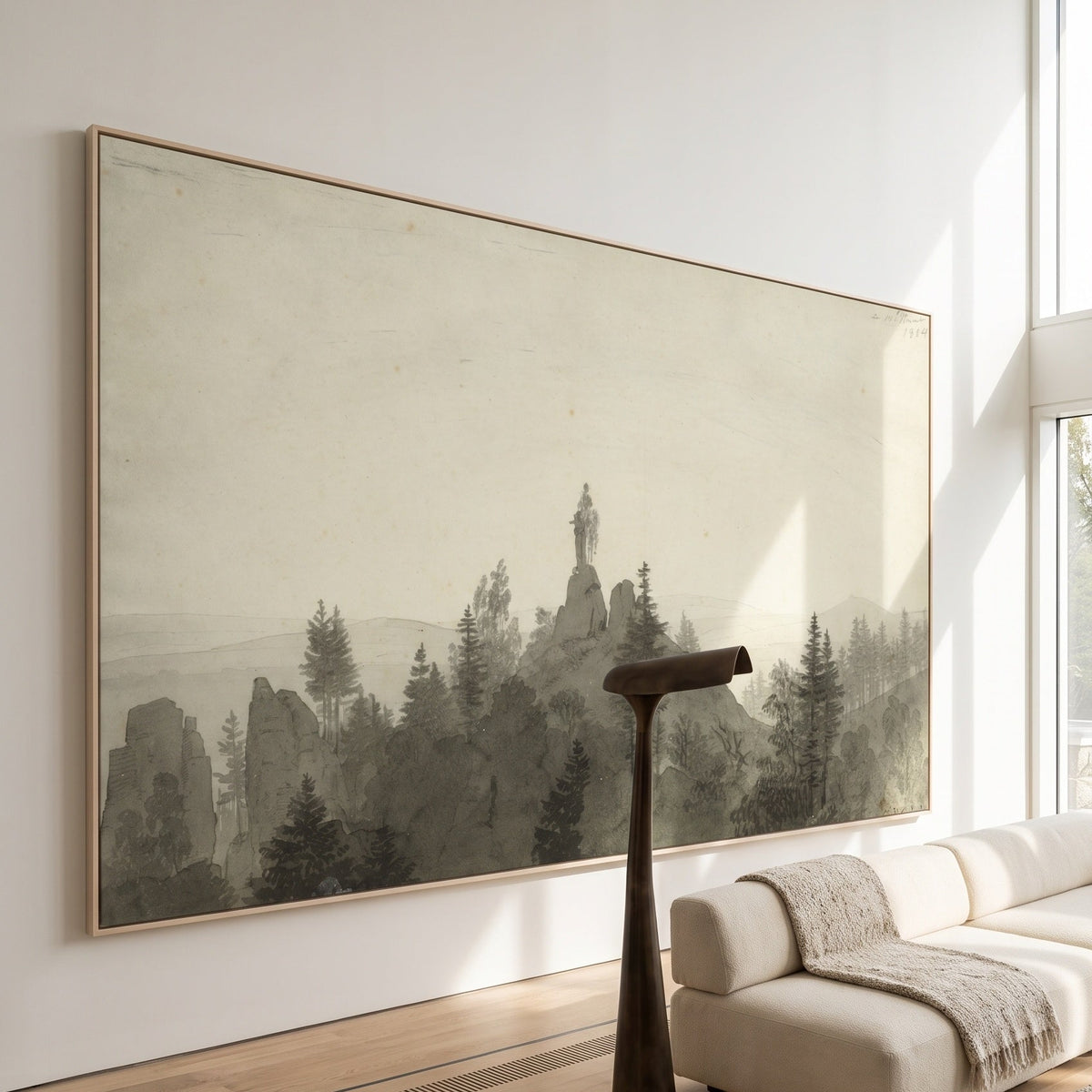 Statue of the Madonna in the by Caspar David Friedrich — large brown and white Landscape canvas art on a hallway wall