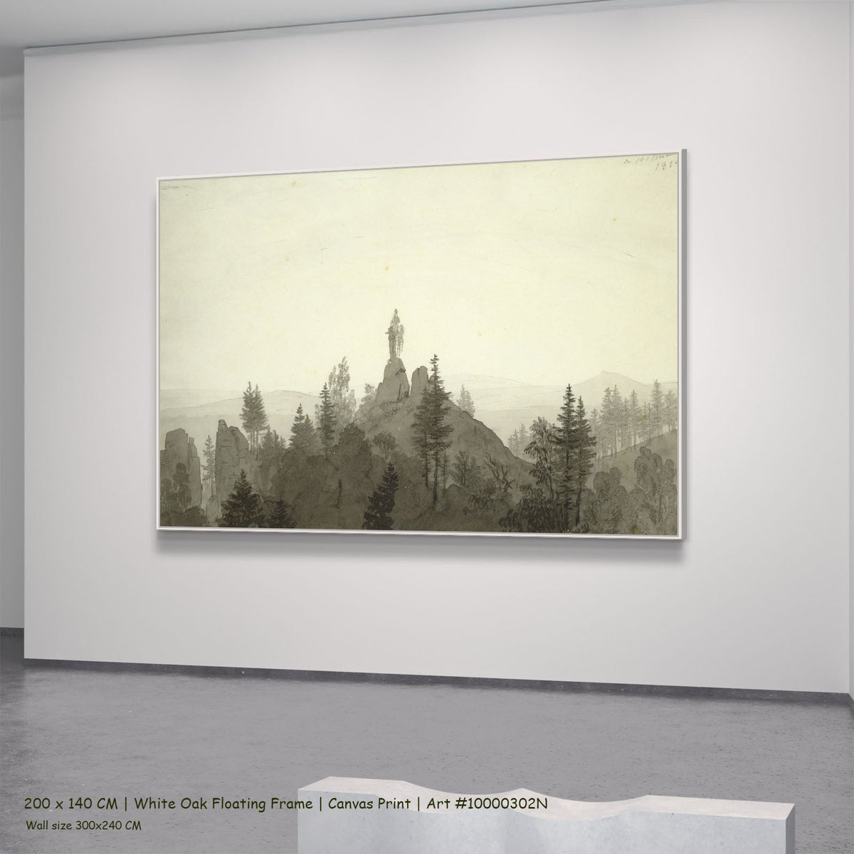 Statue of the Madonna in the by Caspar David Friedrich in a white oak floating frame, large brown and white Landscape canvas