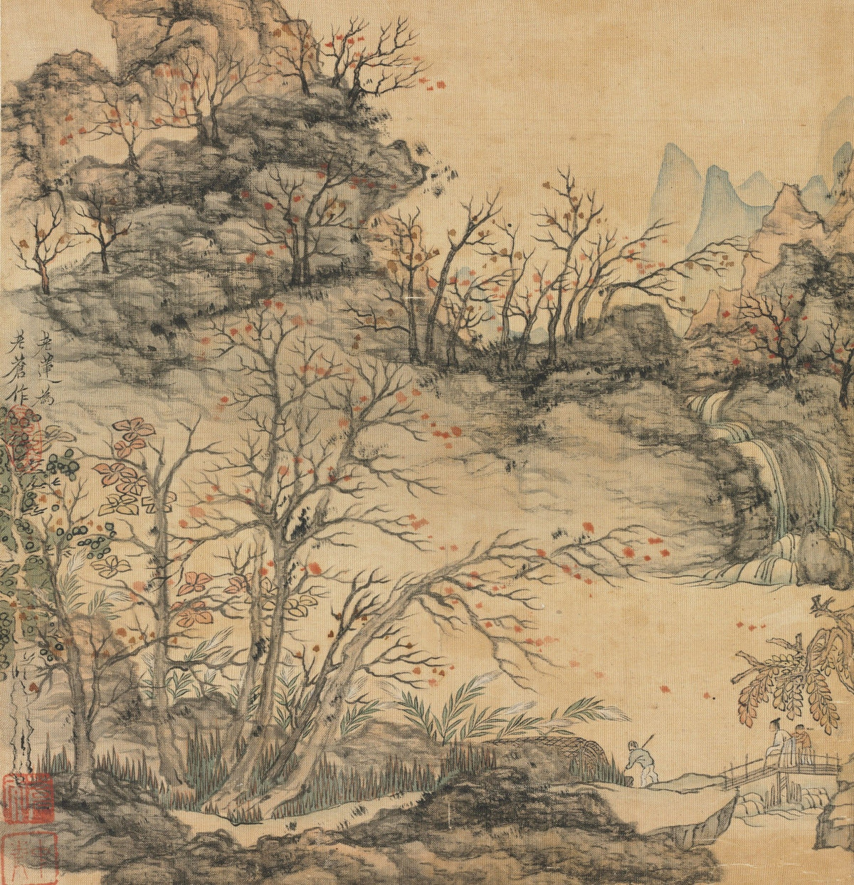 Large gold and grey Landscape canvas print of Autumn Landscape by Chen Hongshou