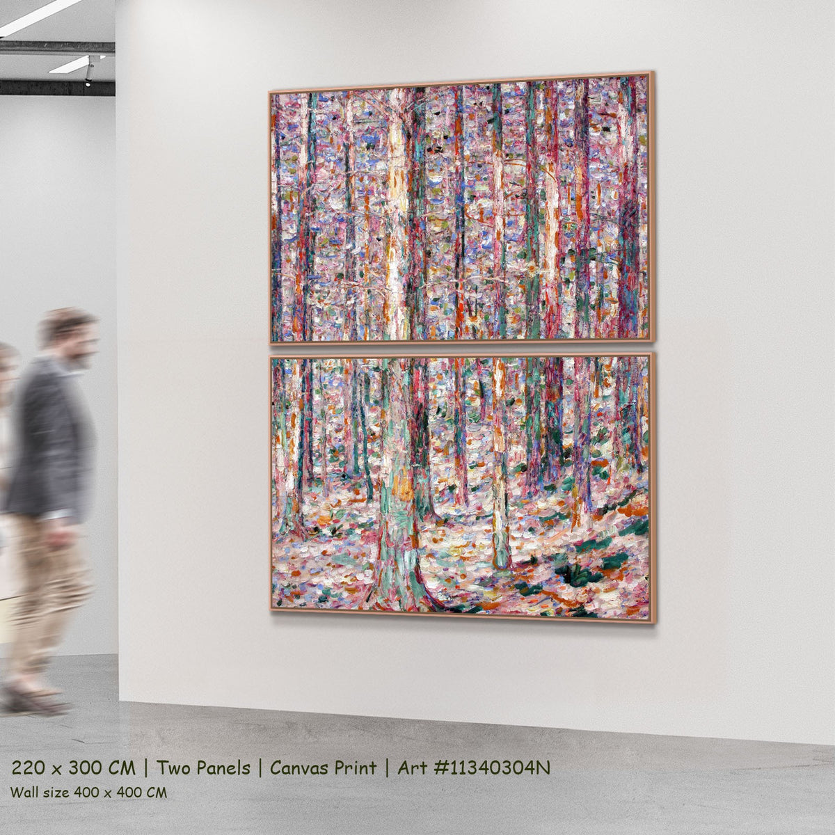 Trunks of Pines in Sunlight by Christian Rohlfs as a large two-panel pink and light blue Pointillist canvas set