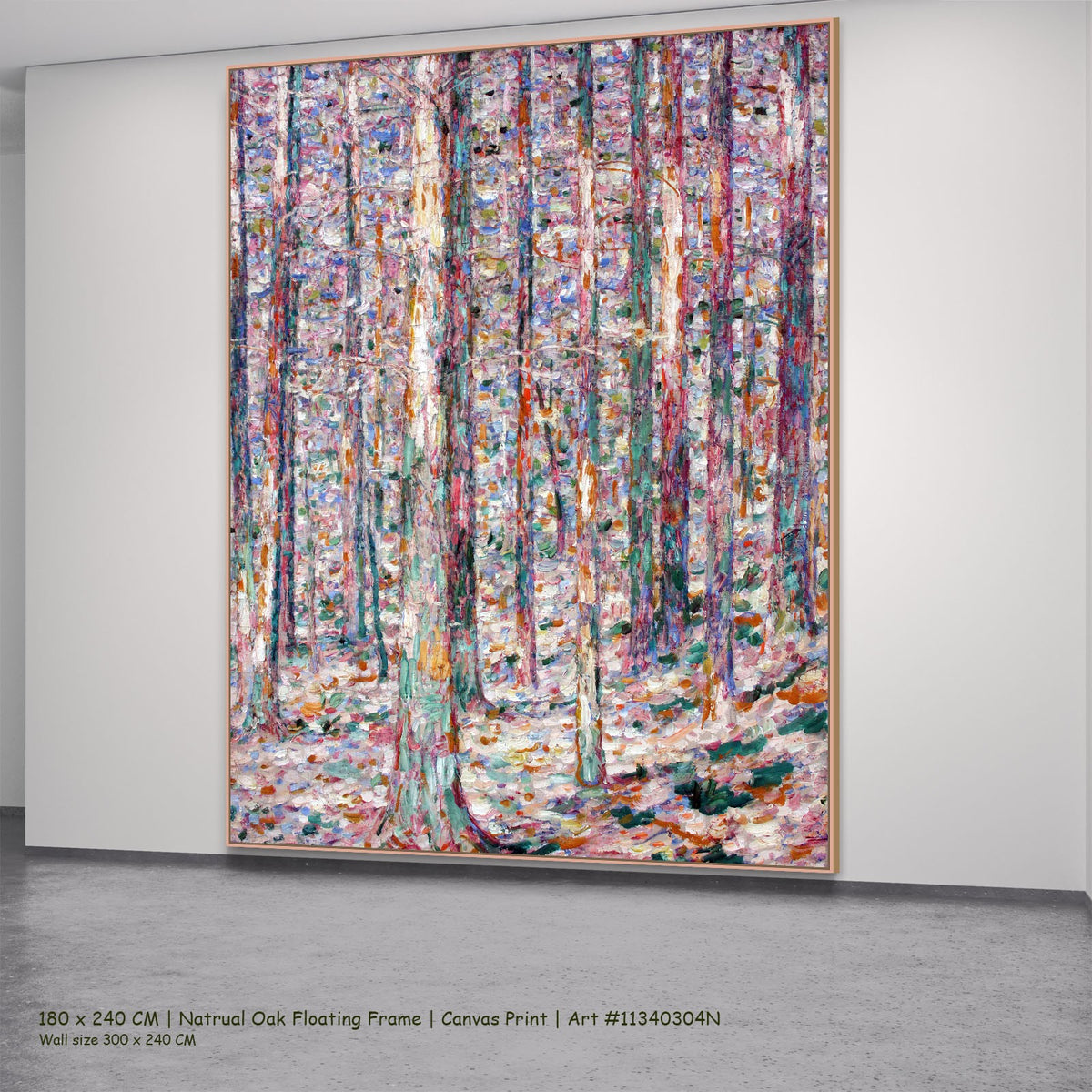 Trunks of Pines in Sunlight by Christian Rohlfs in a natural oak floating frame, large pink and light blue Pointillist canvas