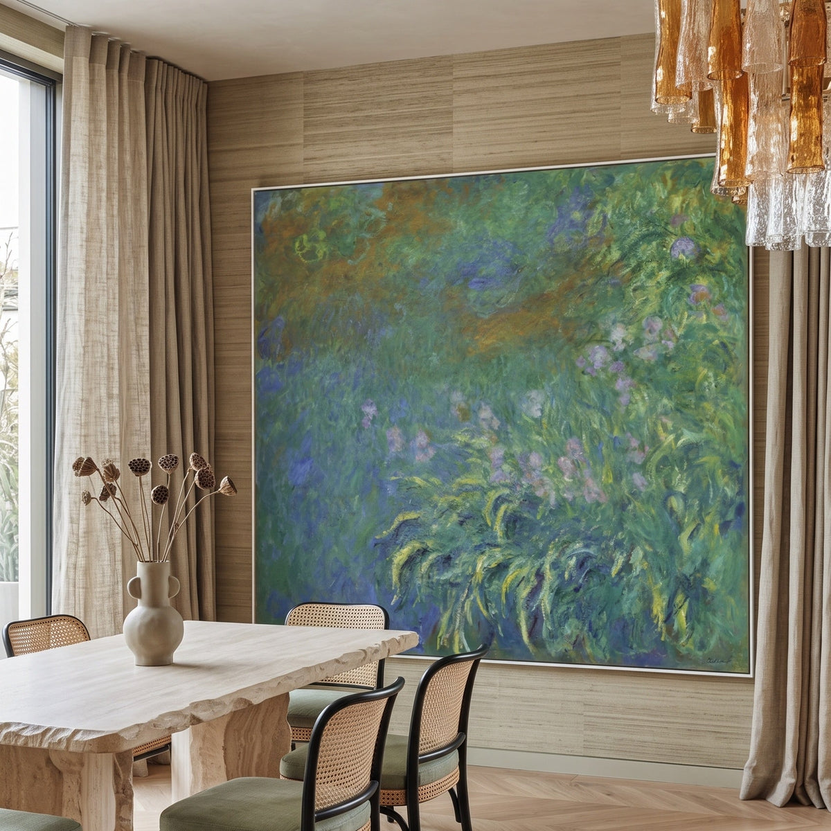 Irises by Claude Monet — large green and blue Impressionist canvas art displayed on a wall