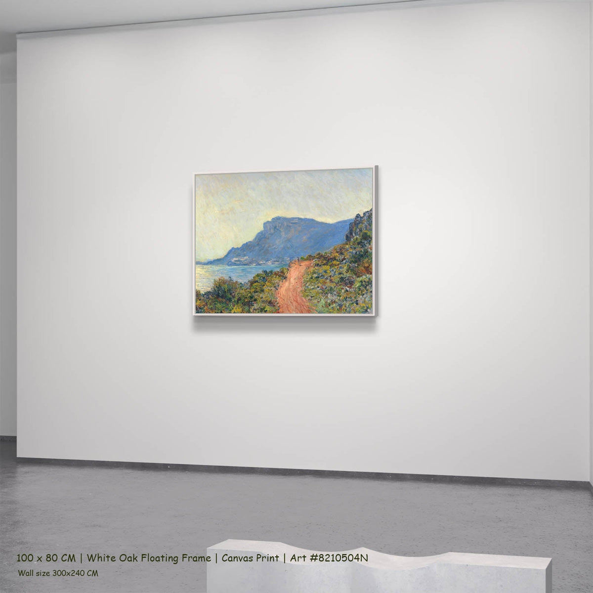 Claude Monet — La Corniche near Monaco Coastal canvas wall art in a white oak floating frame, 100 × 80 cm
