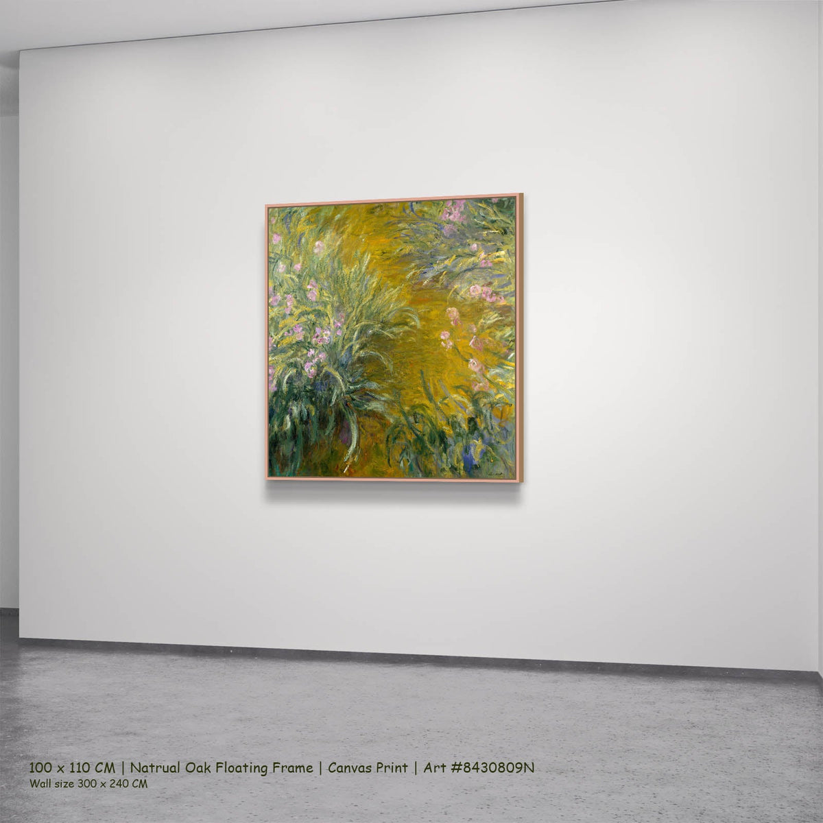 Claude Monet — Path through the Irises Floral canvas wall art in a natural oak floating frame, 100 × 110 cm