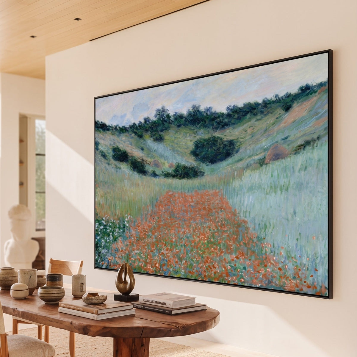 Claude Monet | Oversized Green Orange Impressionist Canvas Wall Art | Poppy Field near Giverny — room photo 2