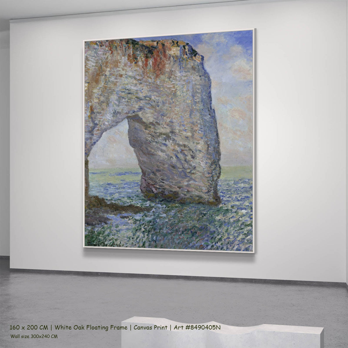 Claude Monet — The Manneporte near Étretat Coastal canvas wall art in a white oak floating frame, 160 × 200 cm