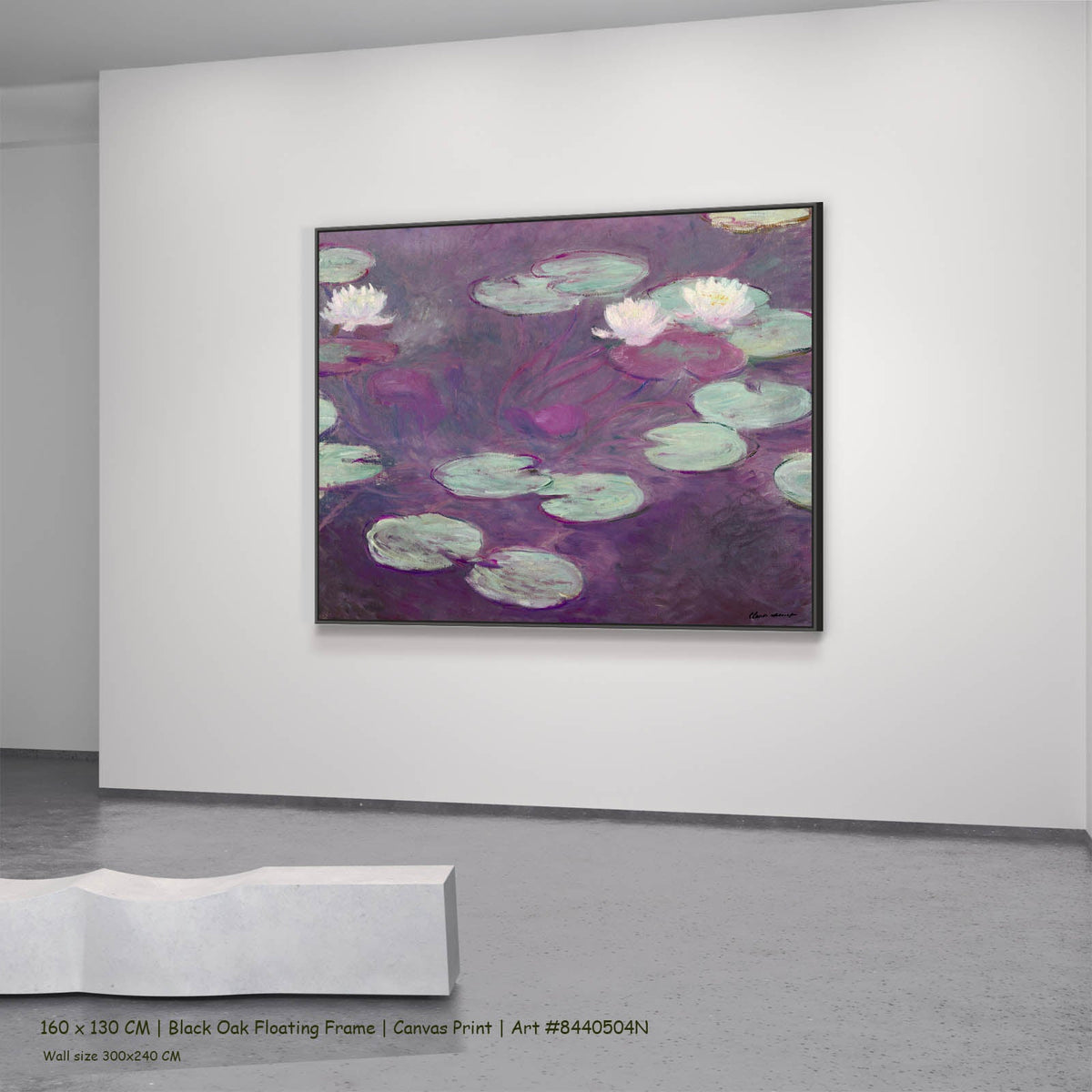Claude Monet — Water Lilies (Nymphéas) Floral canvas wall art in a black oak floating frame, 160 × 130 cm