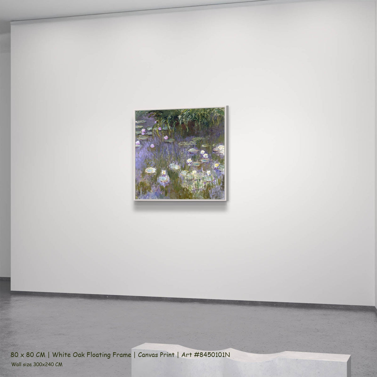 Claude Monet — Water Lilies (Square Composition) Floral canvas wall art in a white oak floating frame, 80 × 80 cm