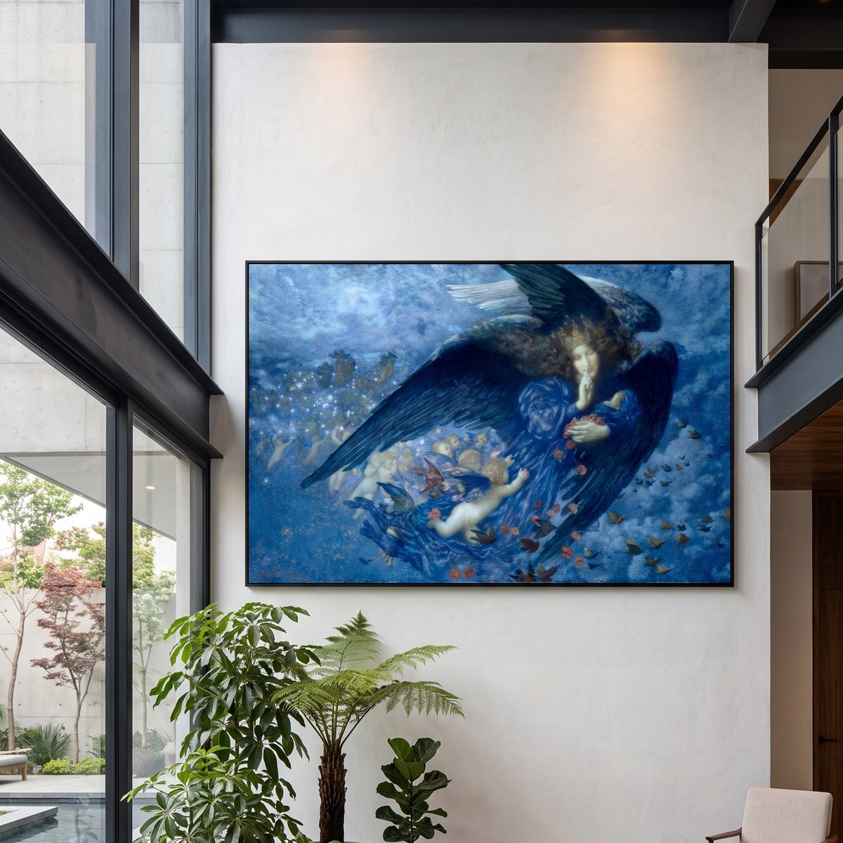 Night with Her Train of Stars by Edward Robert Hughes — large blue and light blue Symbolist canvas art on a office wall
