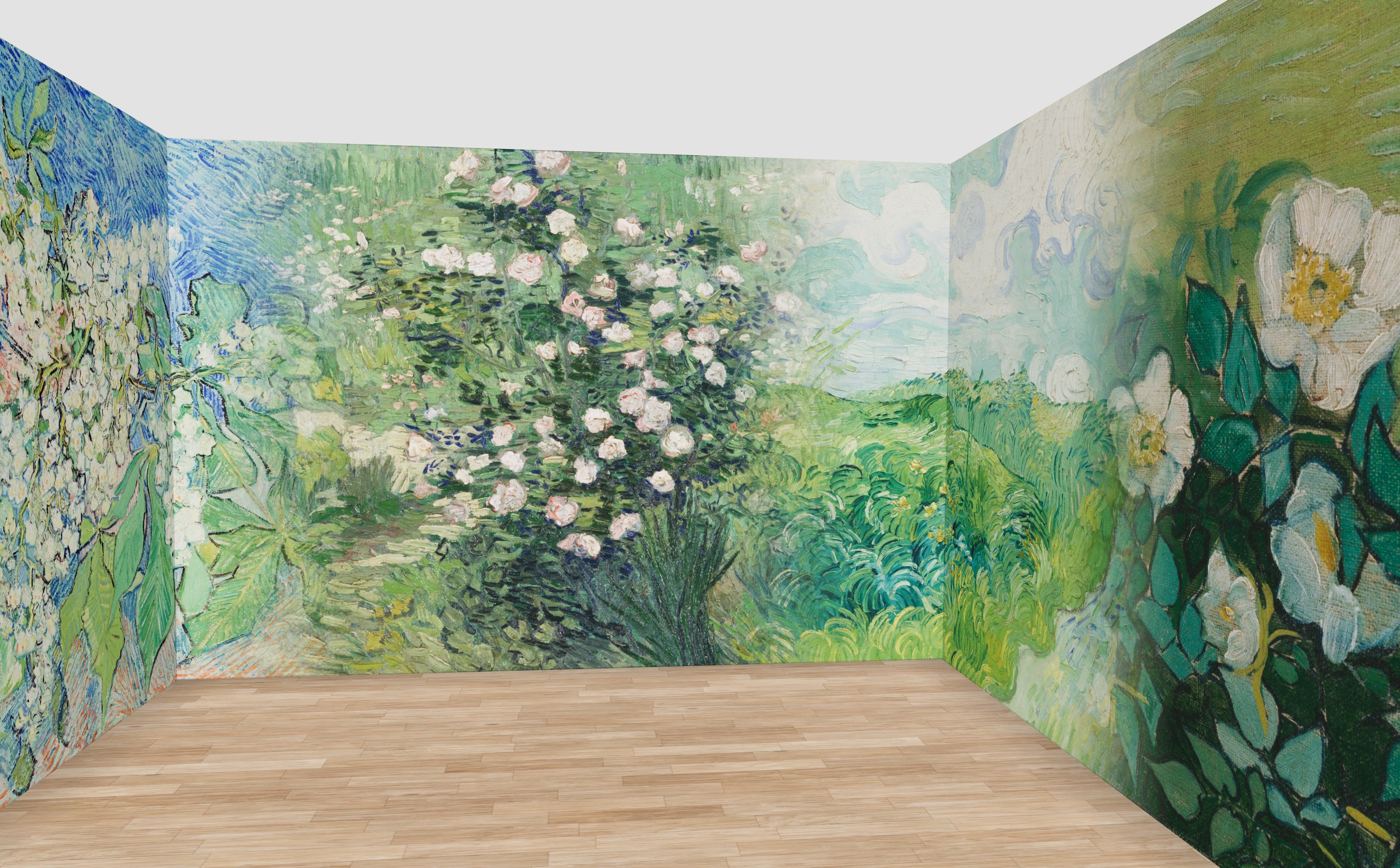 Blossom Wall Mural — rendered in a 12 m room at 270 cm ceiling