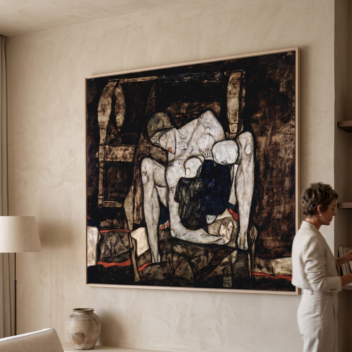 Blind Mother, or The Mother by Egon Schiele — large brown and white Expressionist canvas art displayed on a wall
