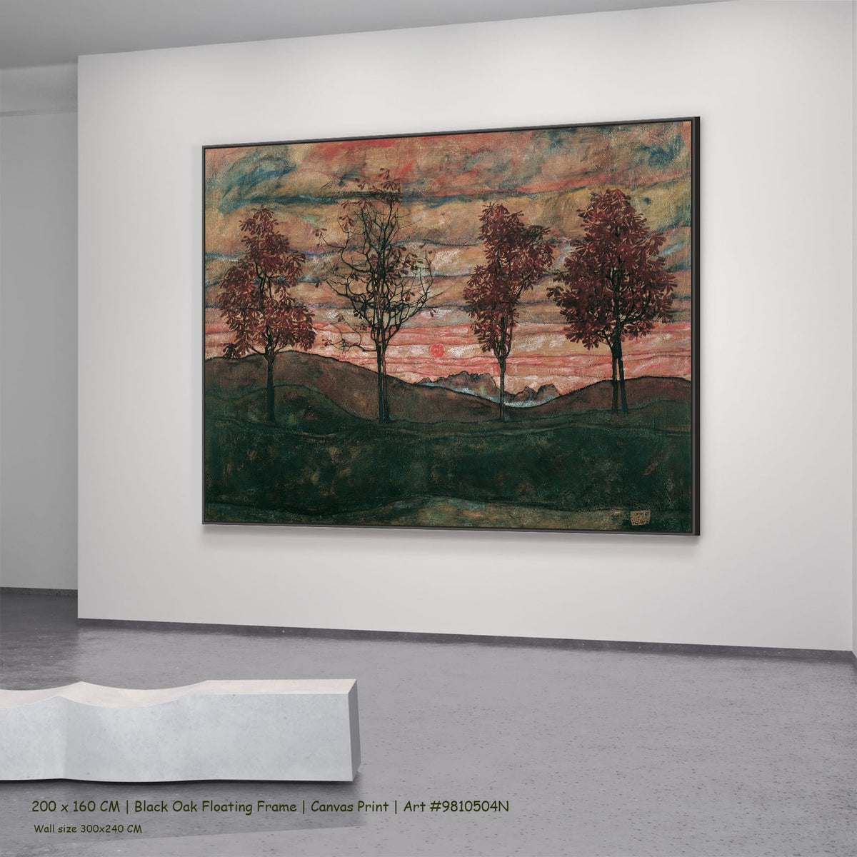 Four Trees by Egon Schiele in a black oak floating frame, large pink and red Expressionist Abstract canvas