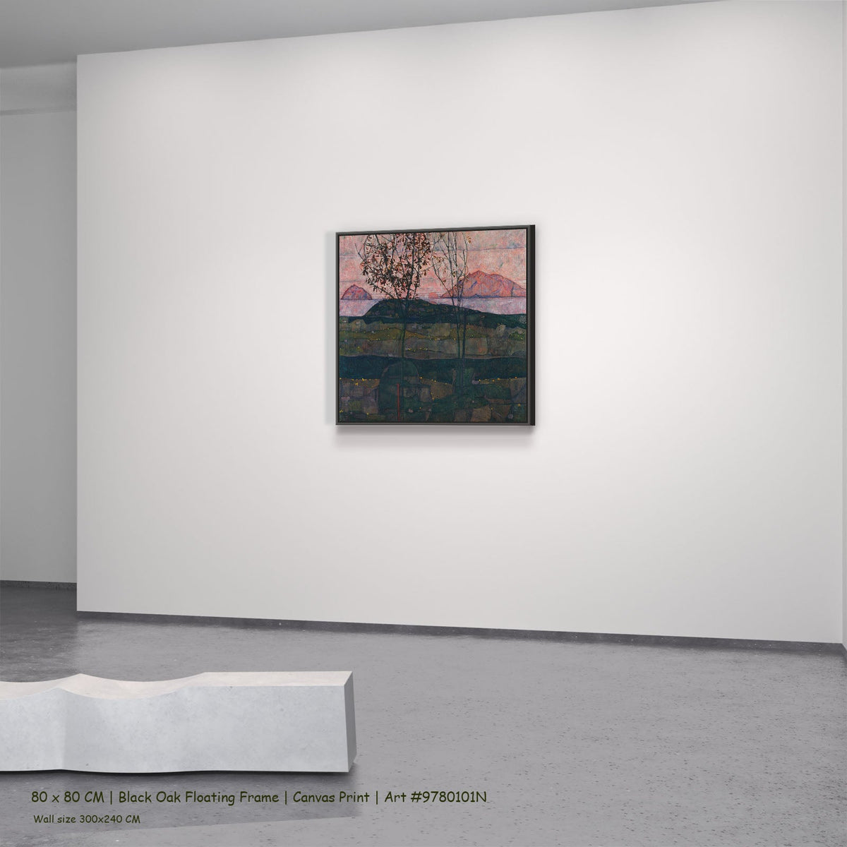 Setting Sun by Egon Schiele in a black oak floating frame, large green and pink Expressionist Abstract canvas