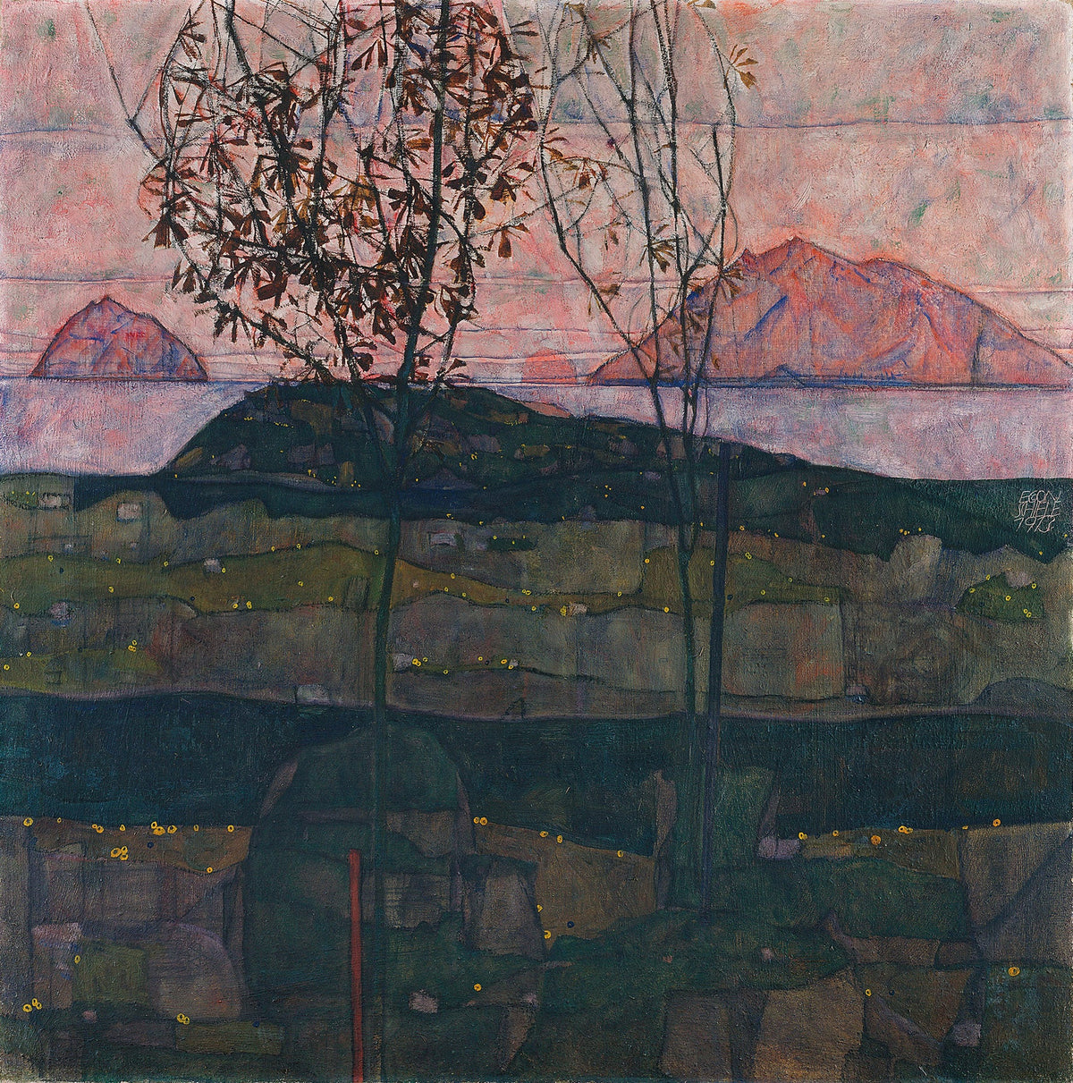 Large green and pink Expressionist Abstract canvas print of Setting Sun by Egon Schiele