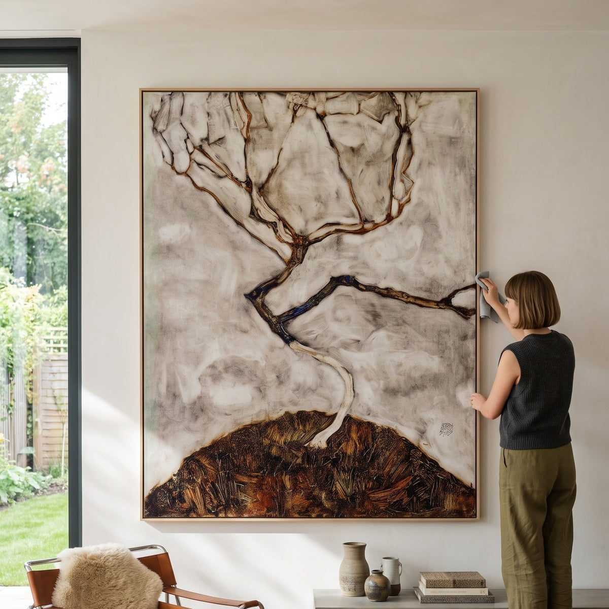 Small Tree in Late Autumn by Egon Schiele — large brown and white Expressionist Abstract canvas art on a hallway wall