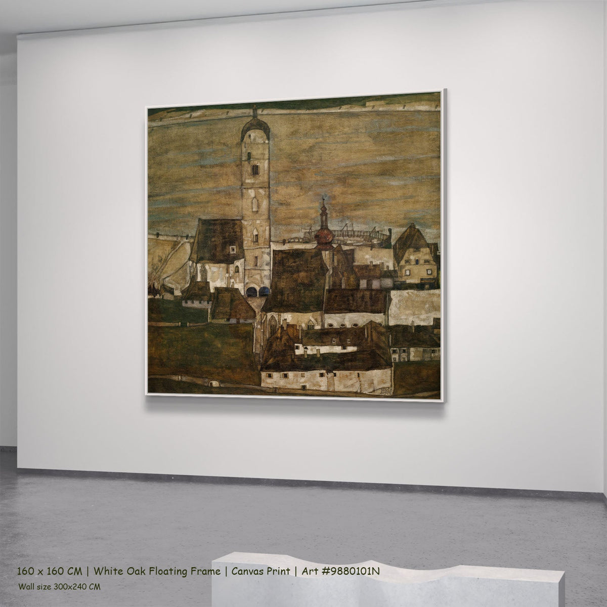 Stein on the Danube II by Egon Schiele in a white oak floating frame, large brown and olive Expressionist Abstract canvas
