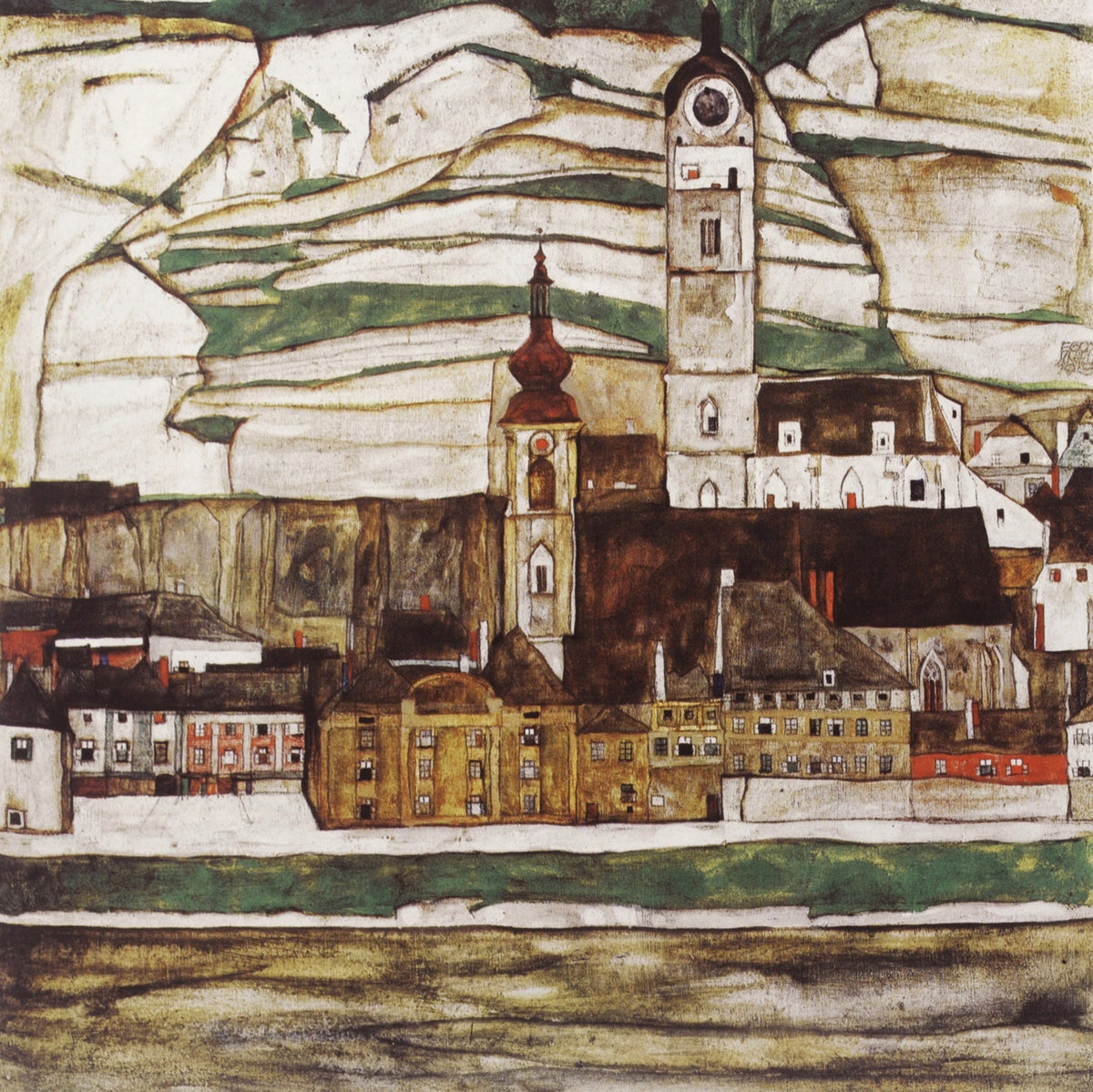 Large brown and gold Expressionist Abstract canvas print of Stein on the Danube, Seen from by Egon Schiele