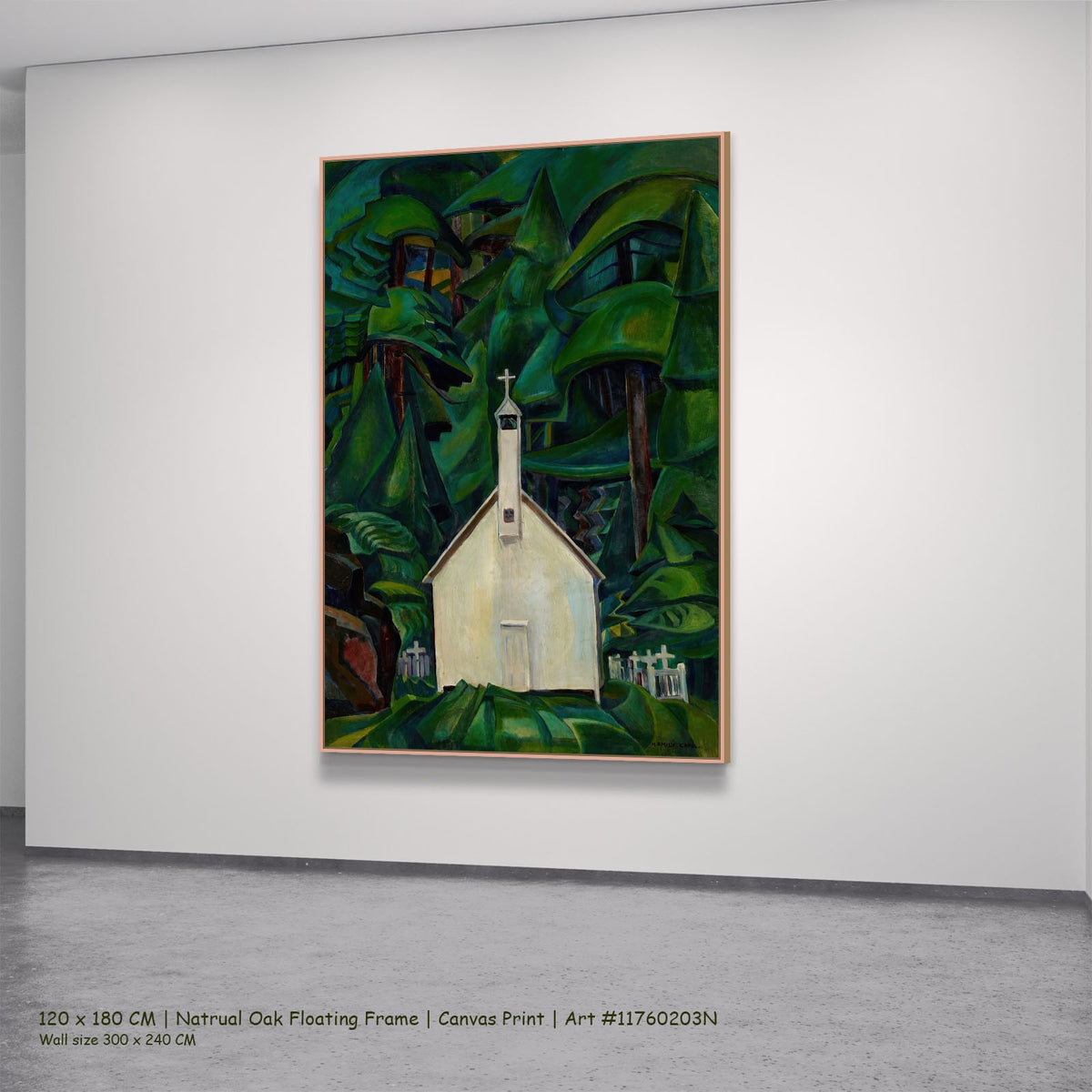 The Indian Church by Emily Carr in a natural oak floating frame, large green and white Landscape canvas