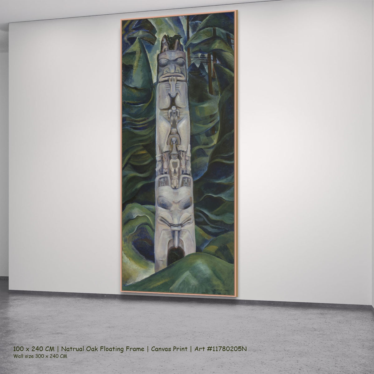 Totem and Forest by Emily Carr in a natural oak floating frame, large green and grey Landscape canvas